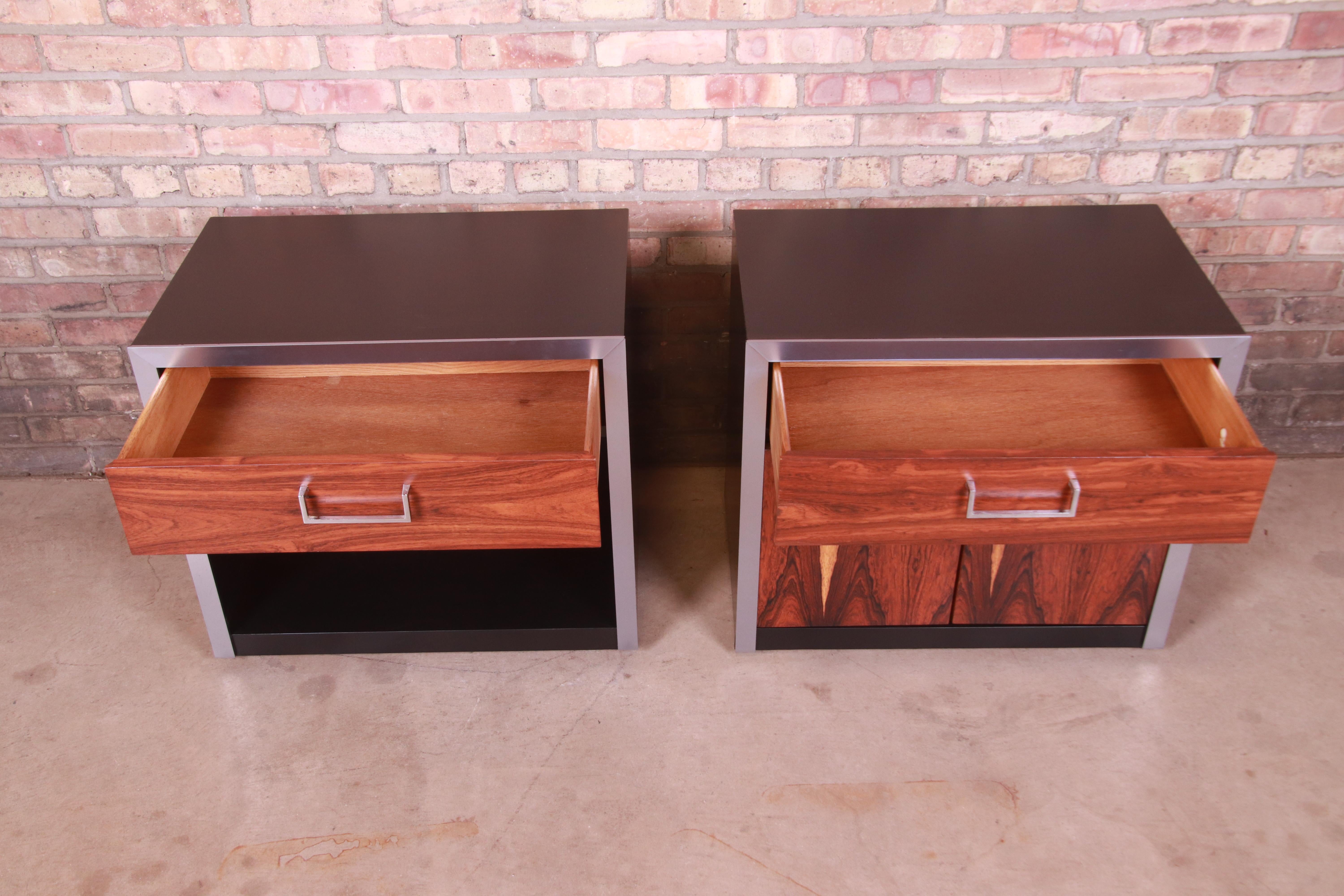 John Stuart Rosewood, Chrome, and Black Lacquer Nightstands, Newly Refinished 6