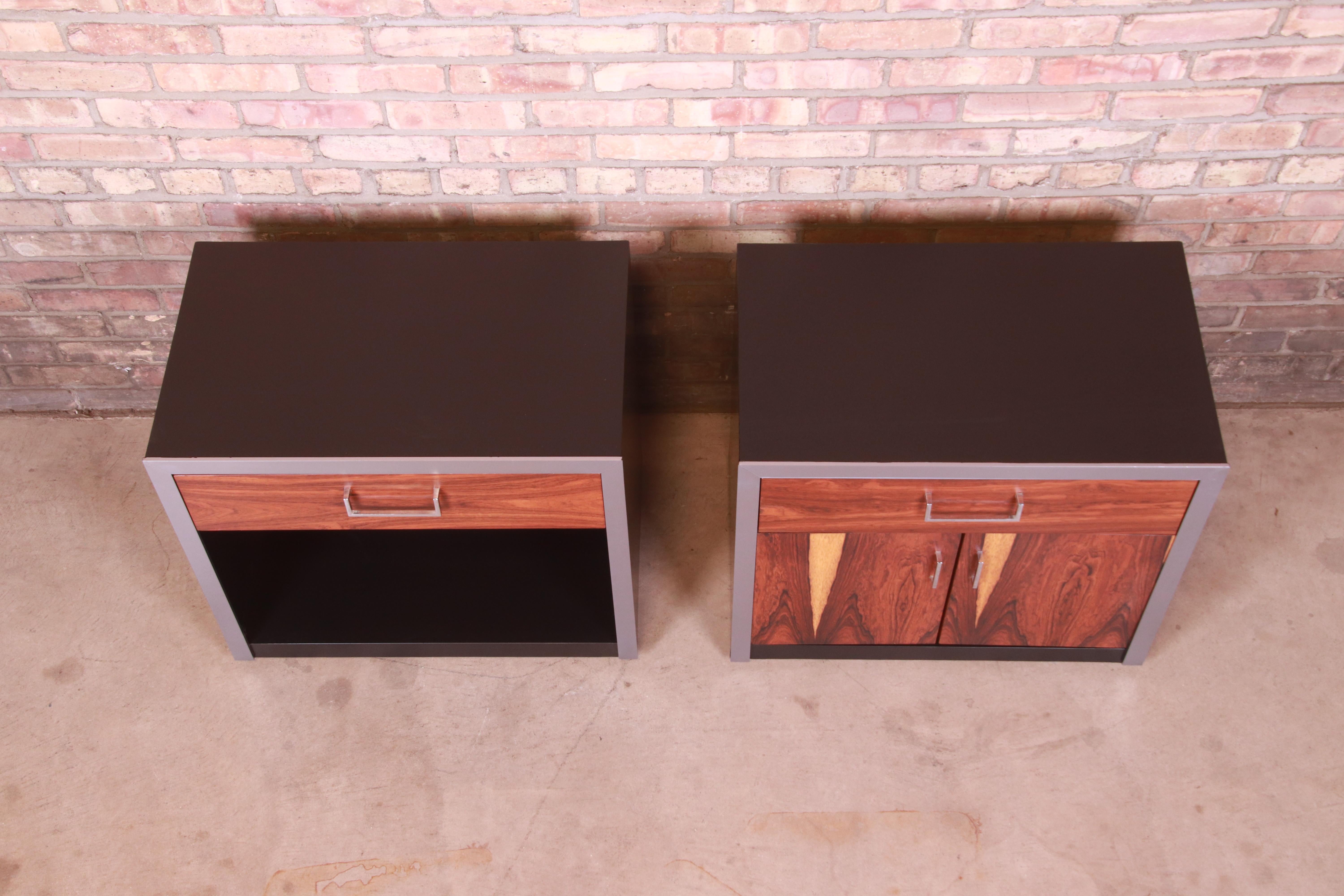 John Stuart Rosewood, Chrome, and Black Lacquer Nightstands, Newly Refinished 9