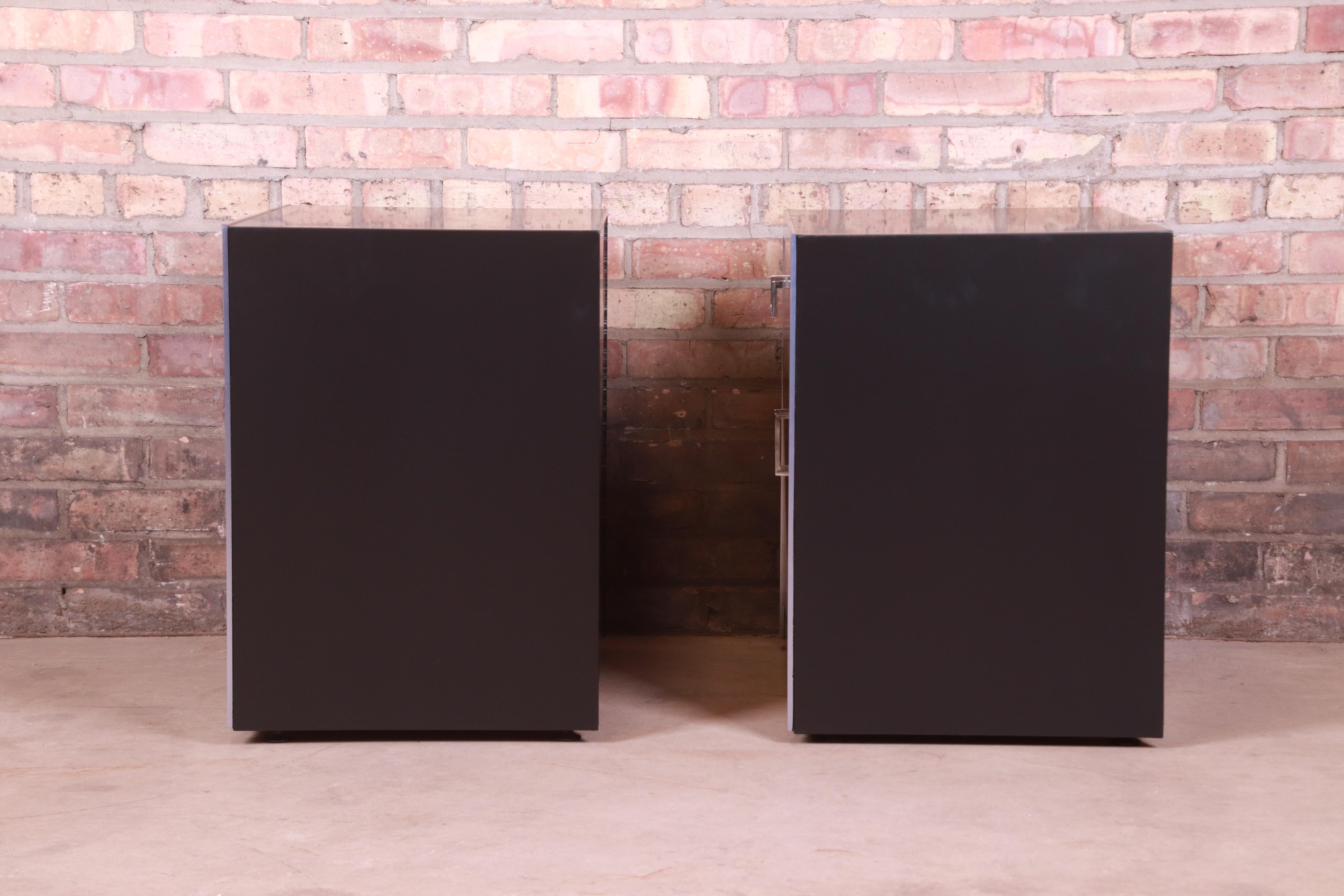 John Stuart Rosewood, Chrome, and Black Lacquer Nightstands, Newly Refinished 10