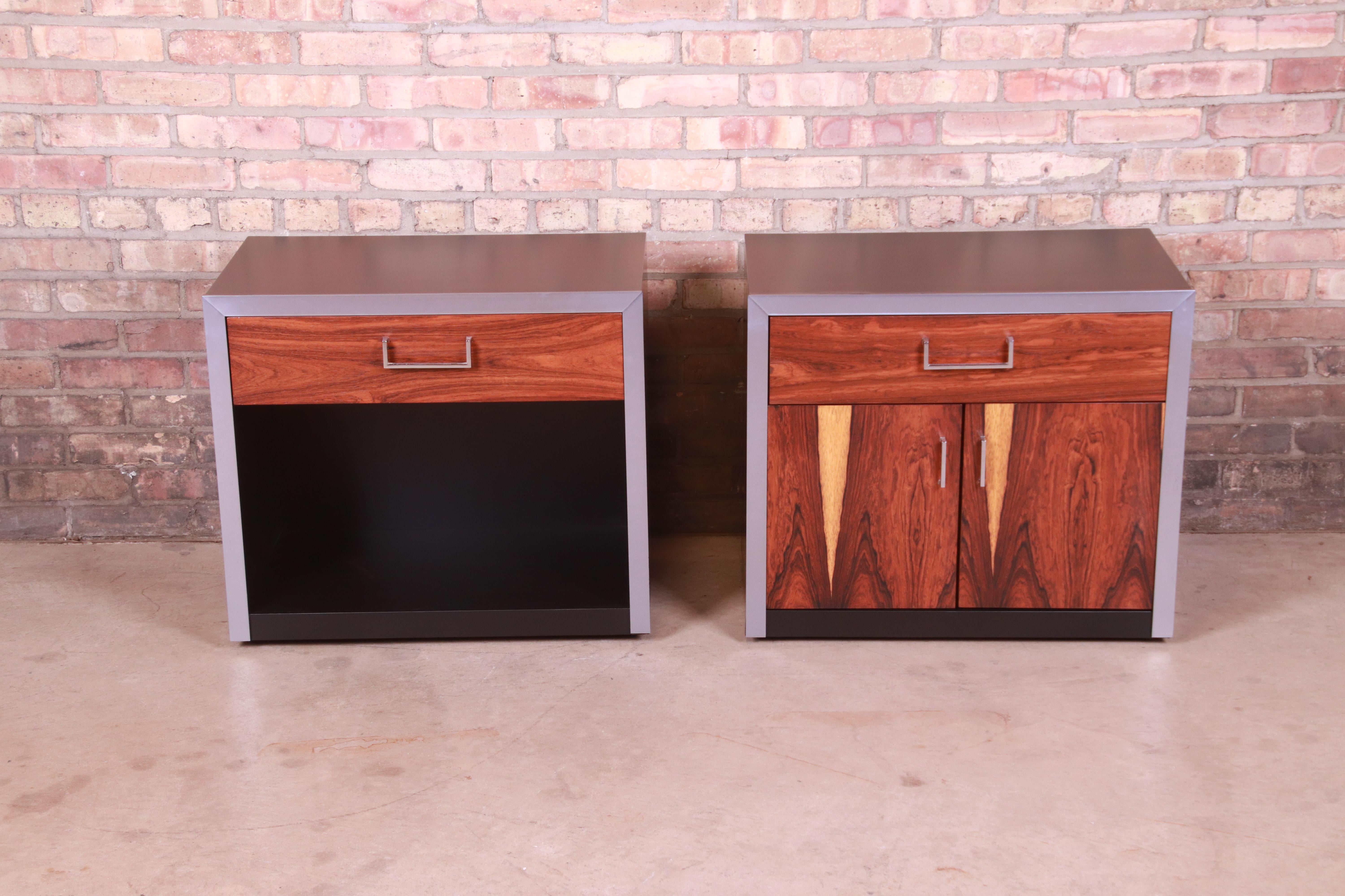 Mid-Century Modern John Stuart Rosewood, Chrome, and Black Lacquer Nightstands, Newly Refinished