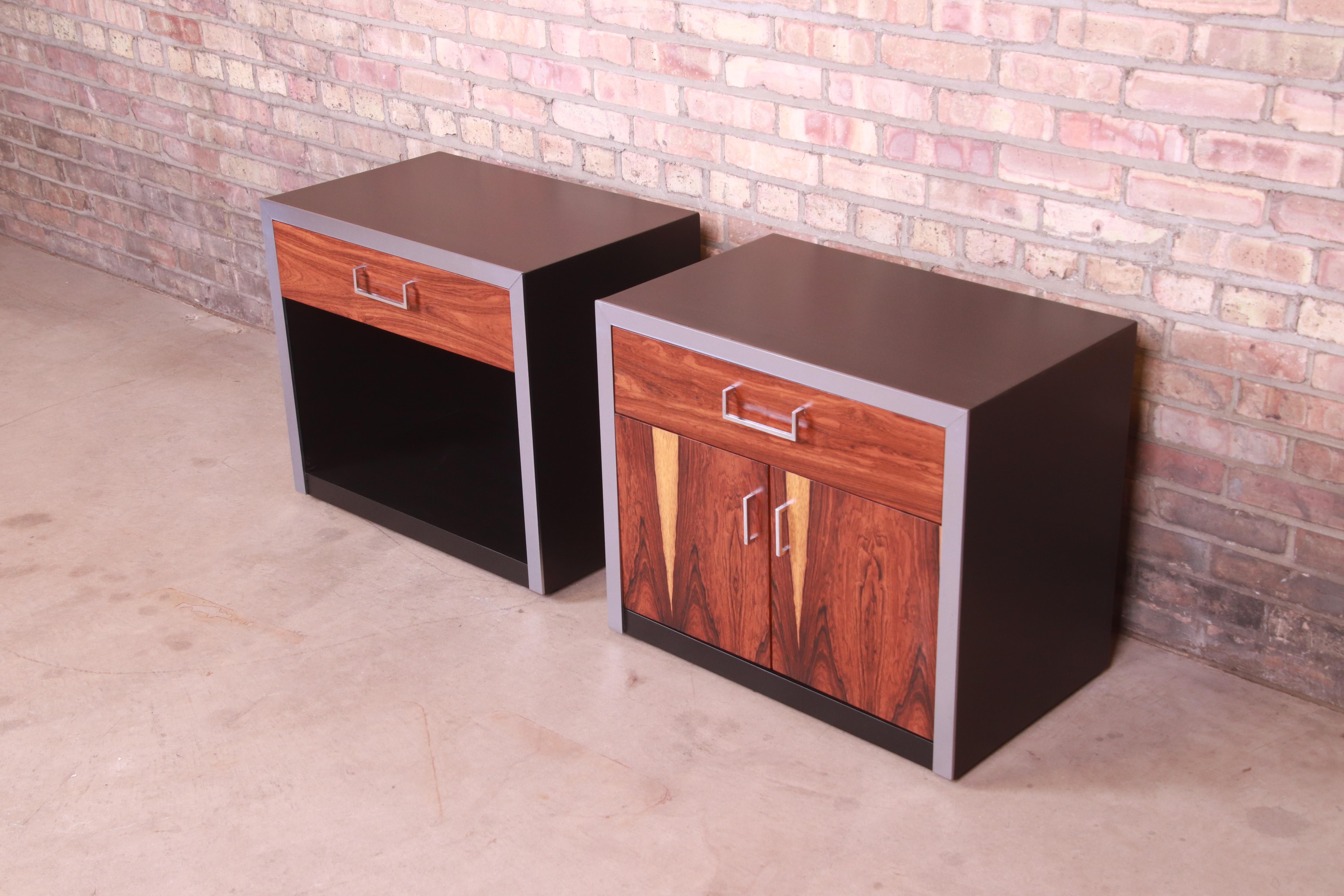 American John Stuart Rosewood, Chrome, and Black Lacquer Nightstands, Newly Refinished