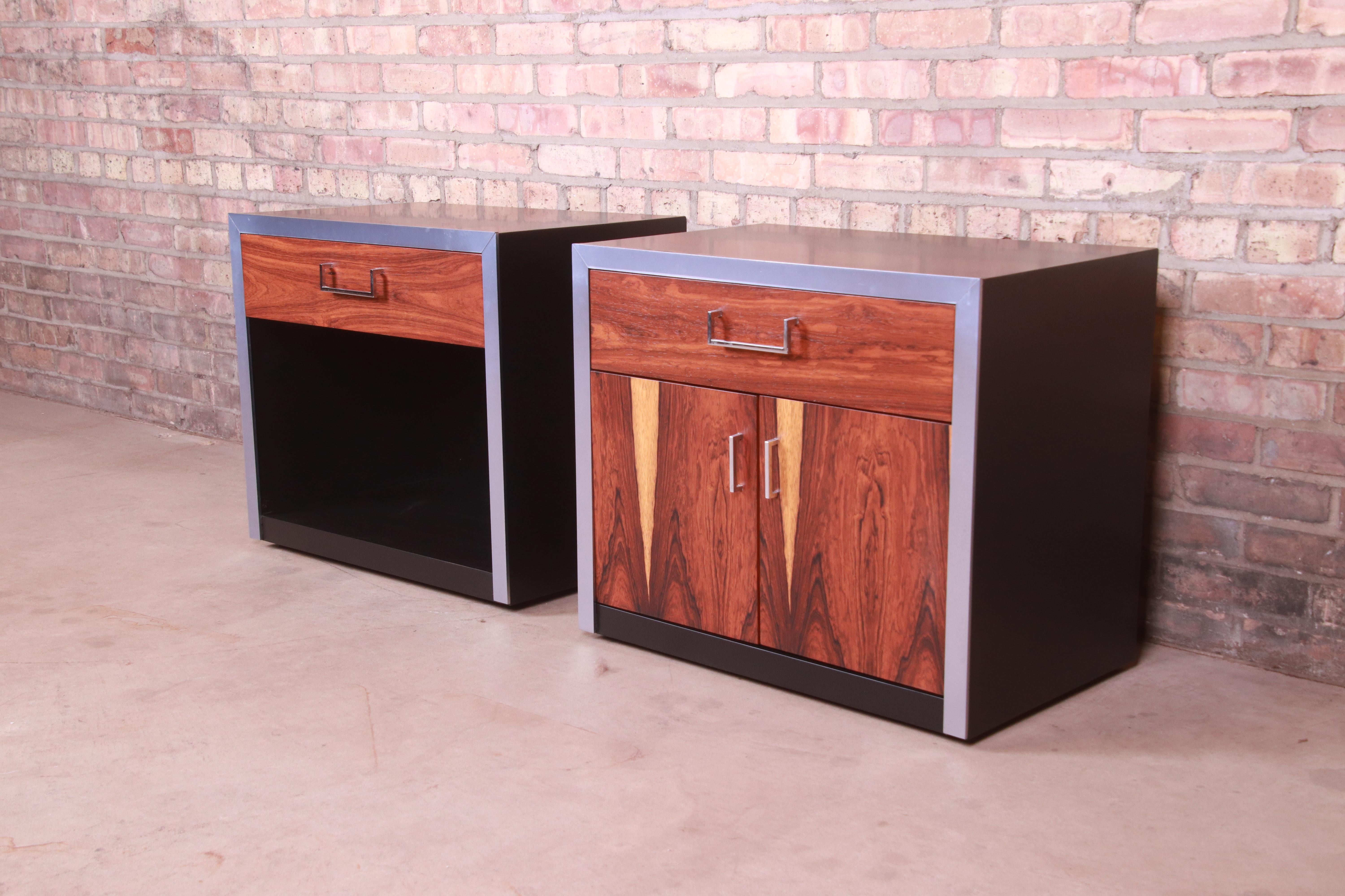 John Stuart Rosewood, Chrome, and Black Lacquer Nightstands, Newly Refinished In Good Condition In South Bend, IN