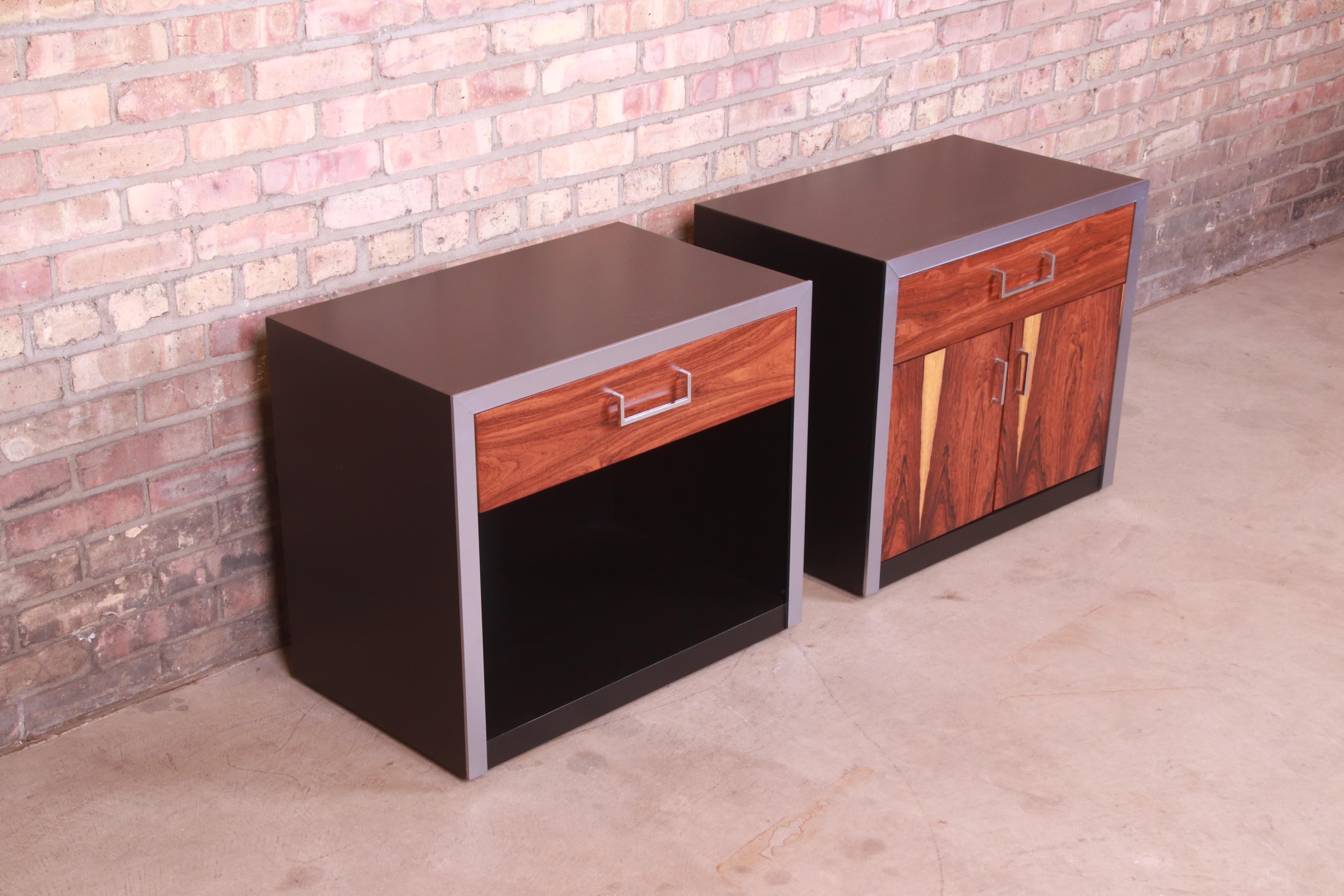 Late 20th Century John Stuart Rosewood, Chrome, and Black Lacquer Nightstands, Newly Refinished