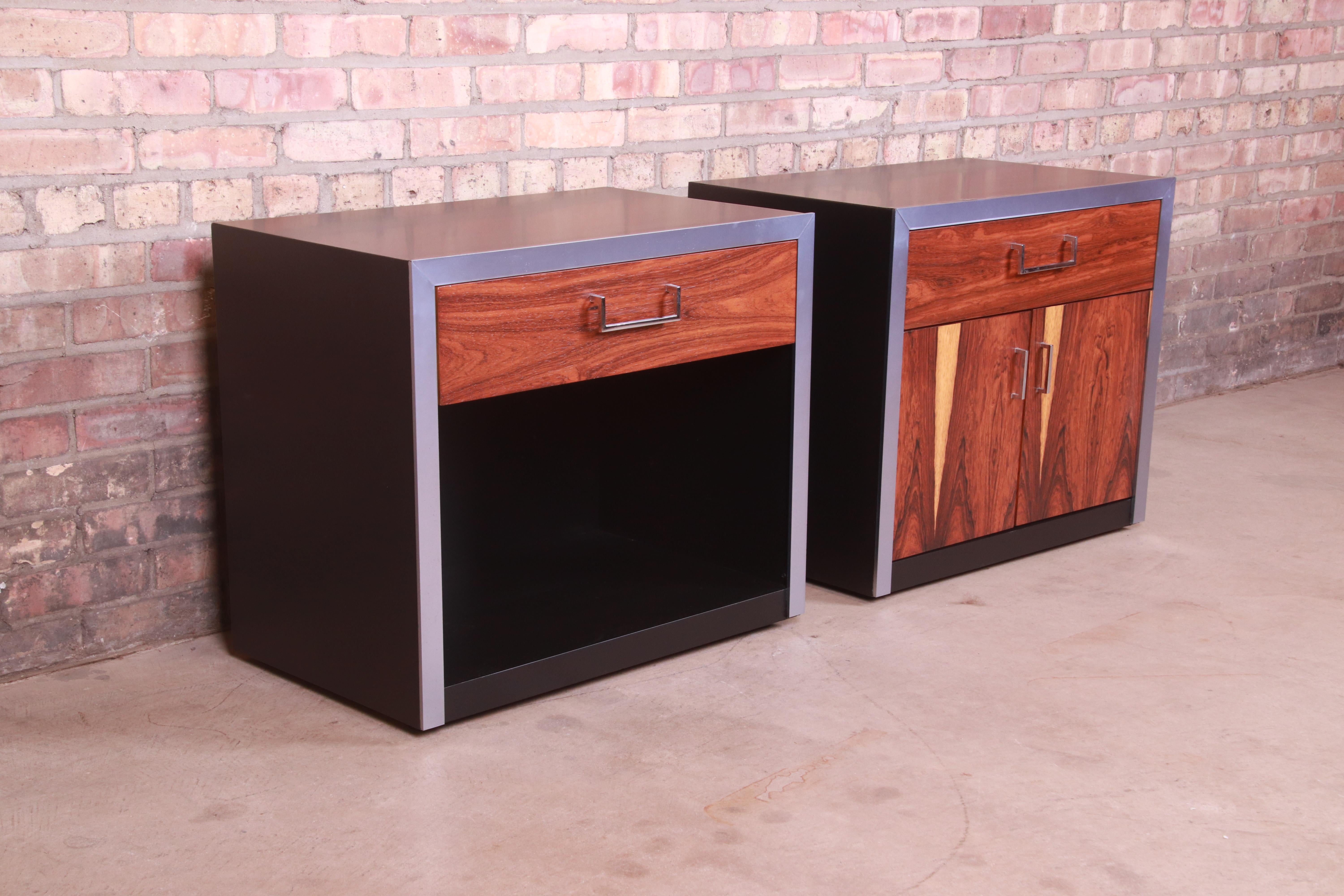 John Stuart Rosewood, Chrome, and Black Lacquer Nightstands, Newly Refinished 1