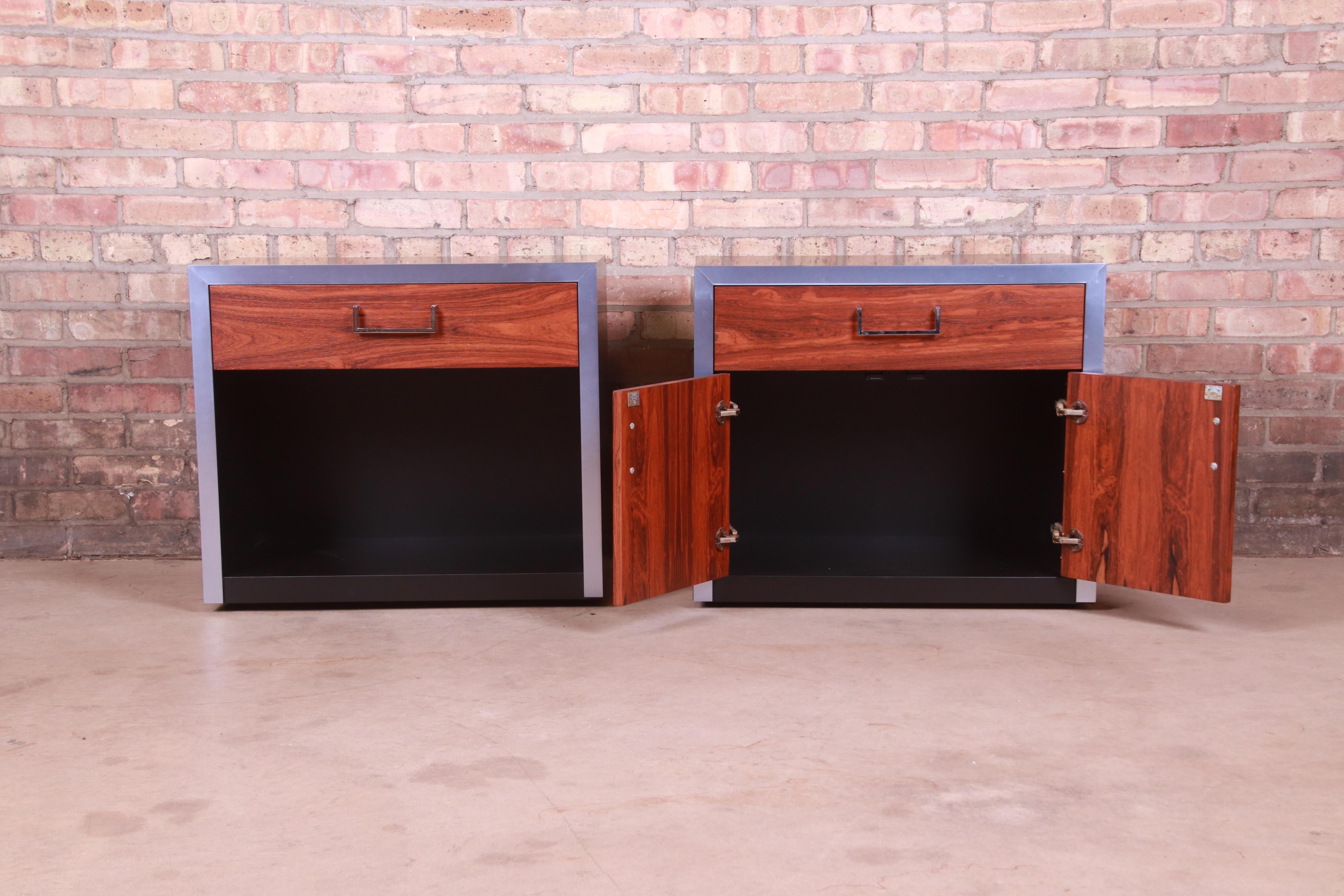 John Stuart Rosewood, Chrome, and Black Lacquer Nightstands, Newly Refinished 2