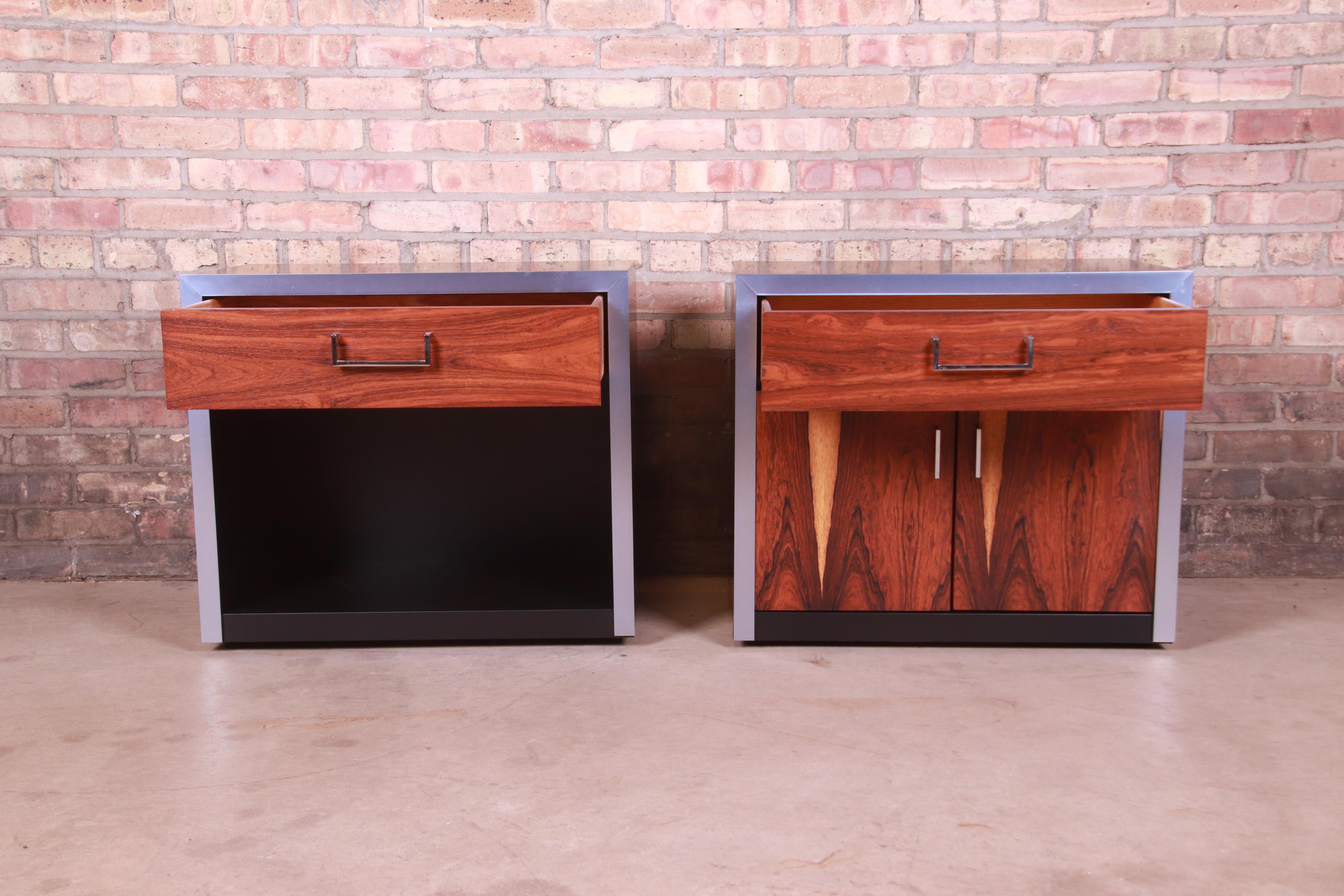 John Stuart Rosewood, Chrome, and Black Lacquer Nightstands, Newly Refinished 3