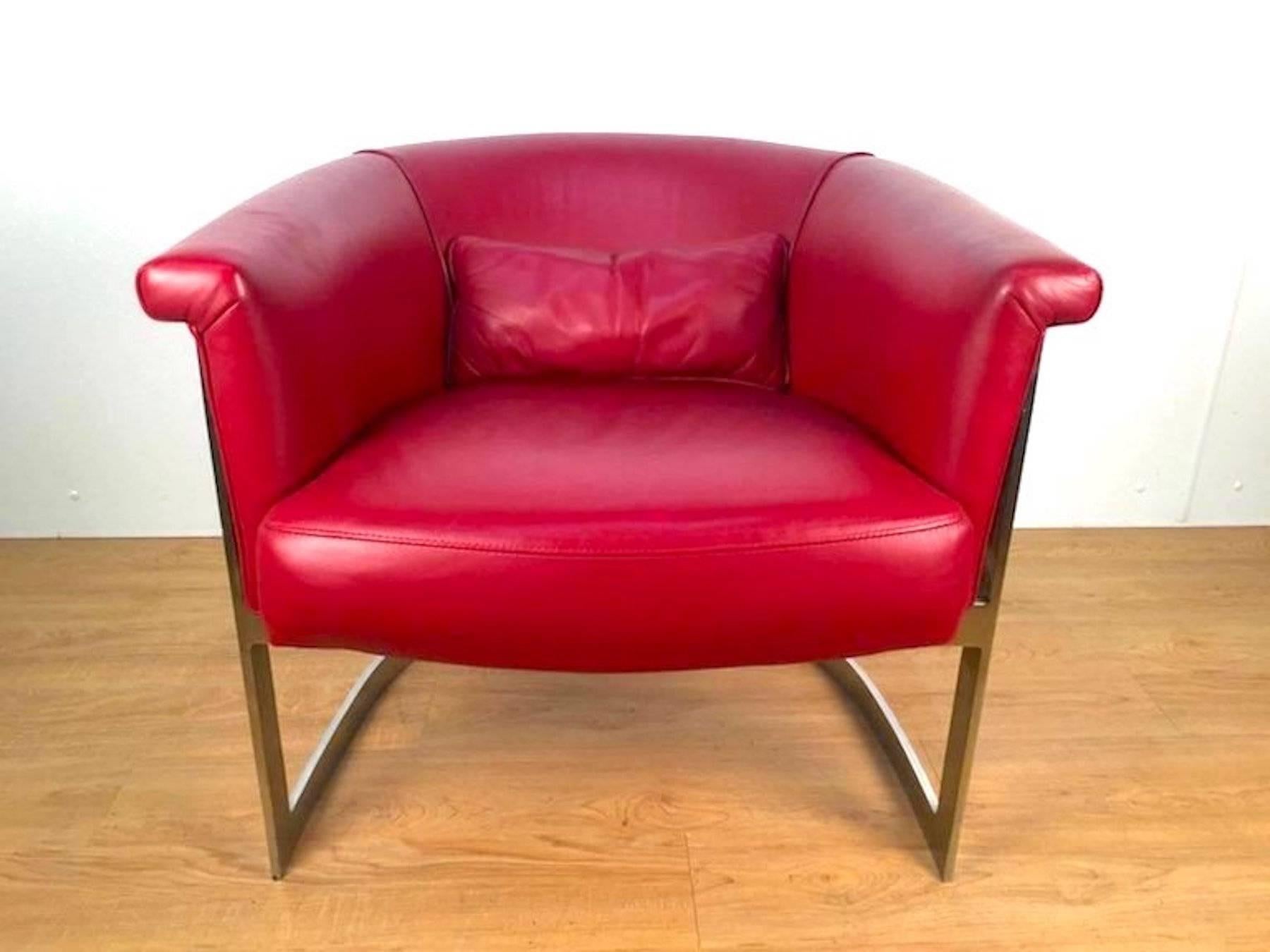 Polished John Stuart Style Rounded Lounge Chair in Custom Red Leather For Sale