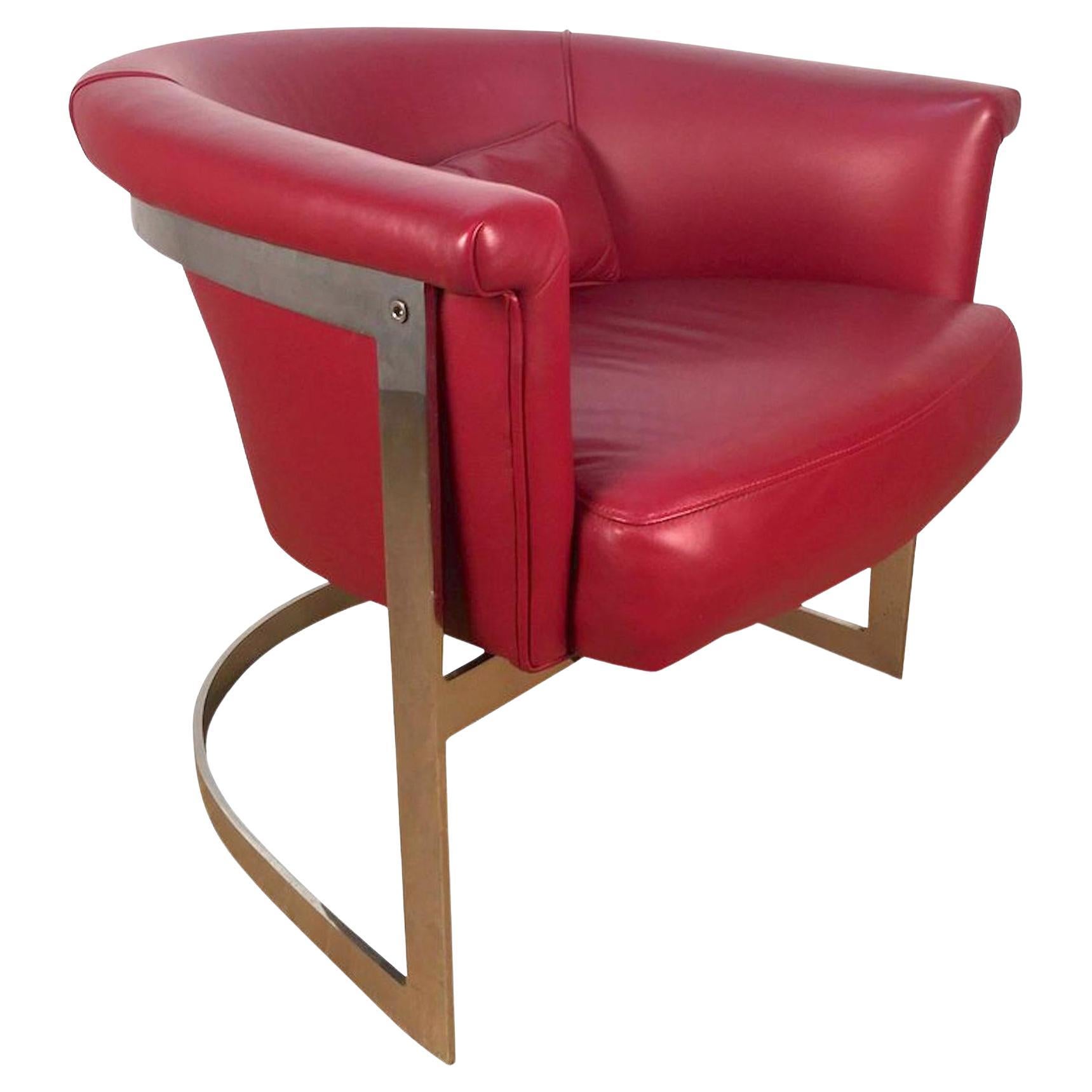 John Stuart Style Rounded Lounge Chair in Custom Red Leather For Sale