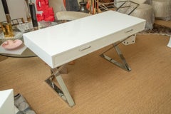 Vintage John Stuart Campaign Wood Desk With White Lacquer, X-Chrome Base 70's