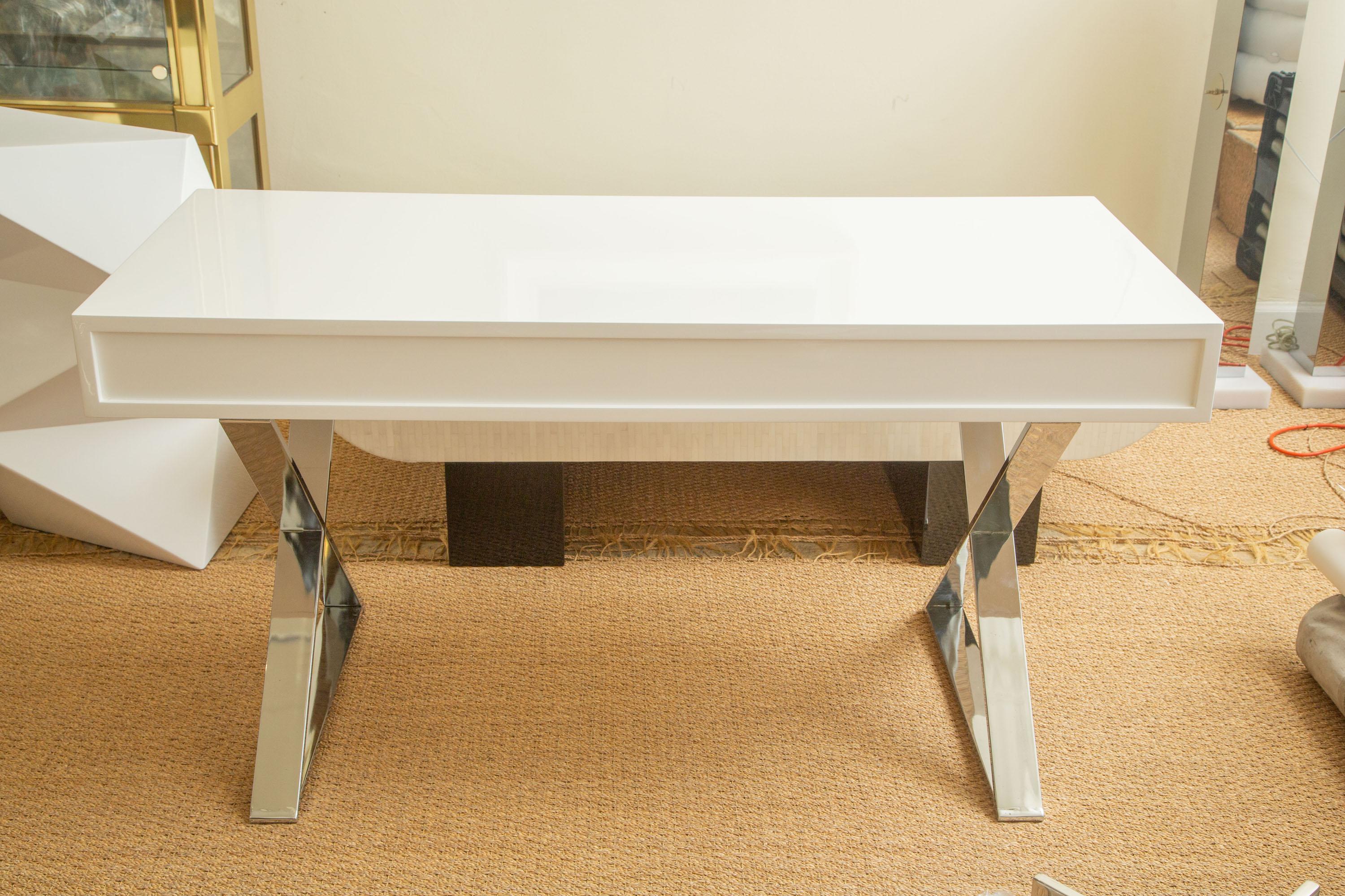 Modern John Stuart Vintage White Lacquered Campaign Wood Desk with X-Chrome Base For Sale