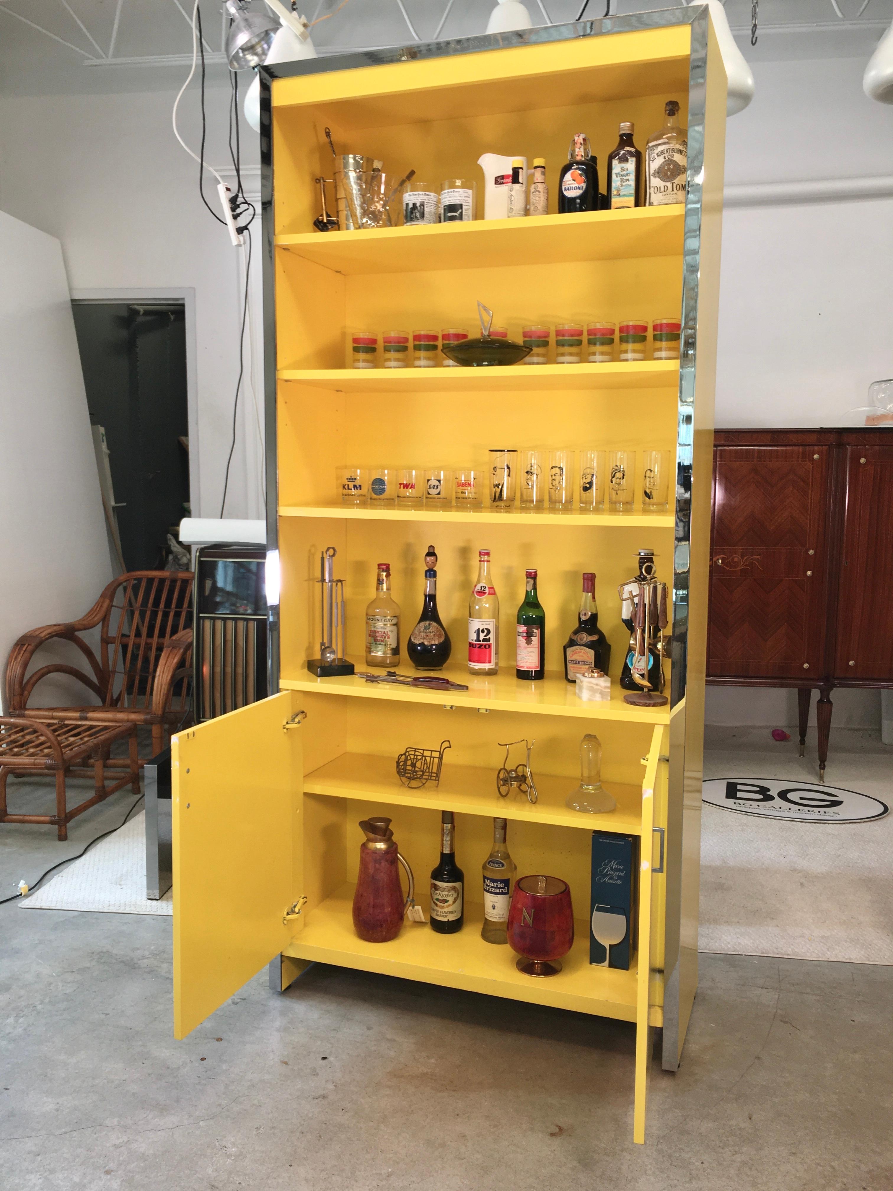 Mid-Century Modern John Stuart Yellow Lacquer and Chrome Bookcase or Dry Bar