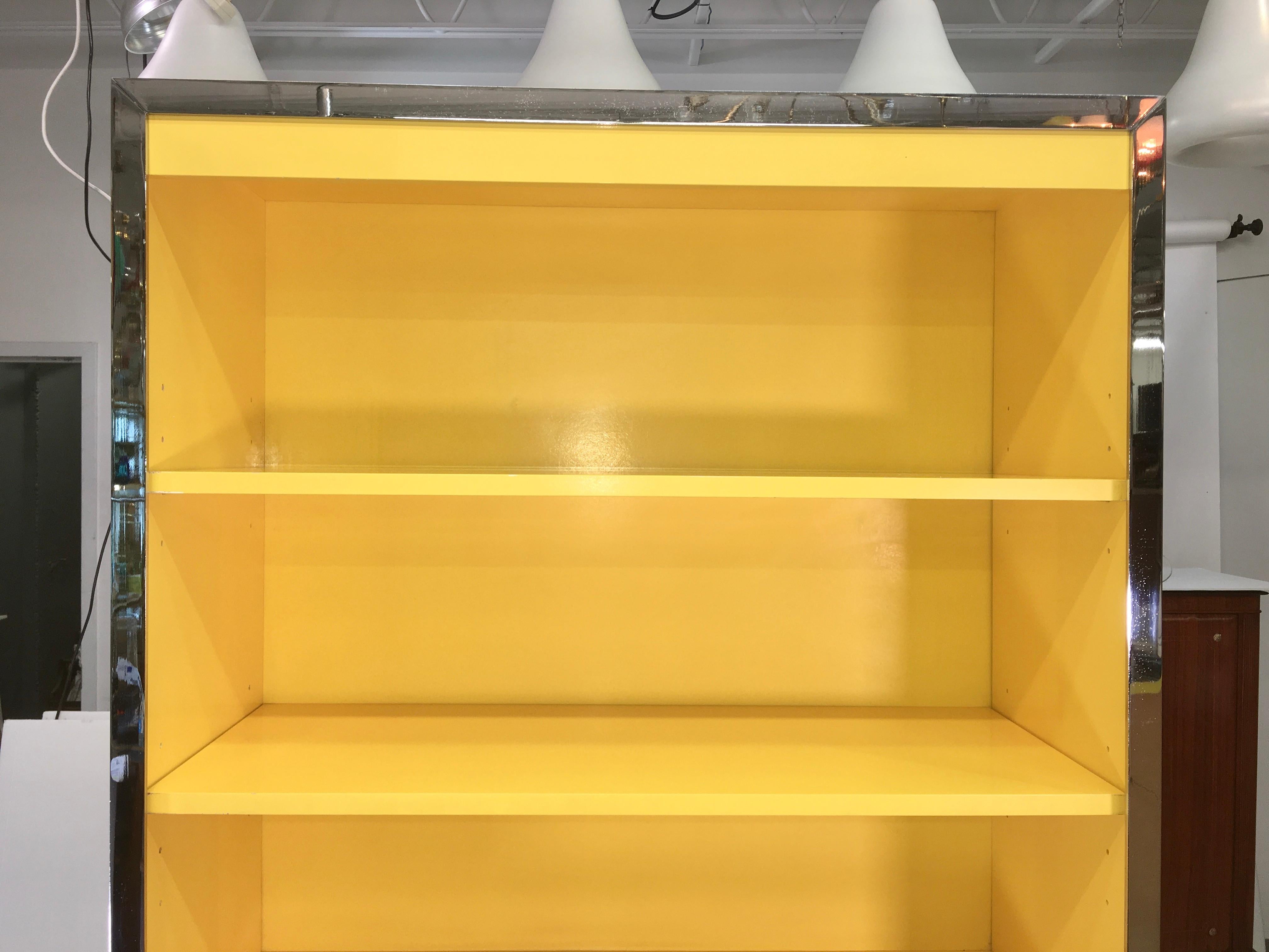 American John Stuart Yellow Lacquer and Chrome Bookcase or Dry Bar