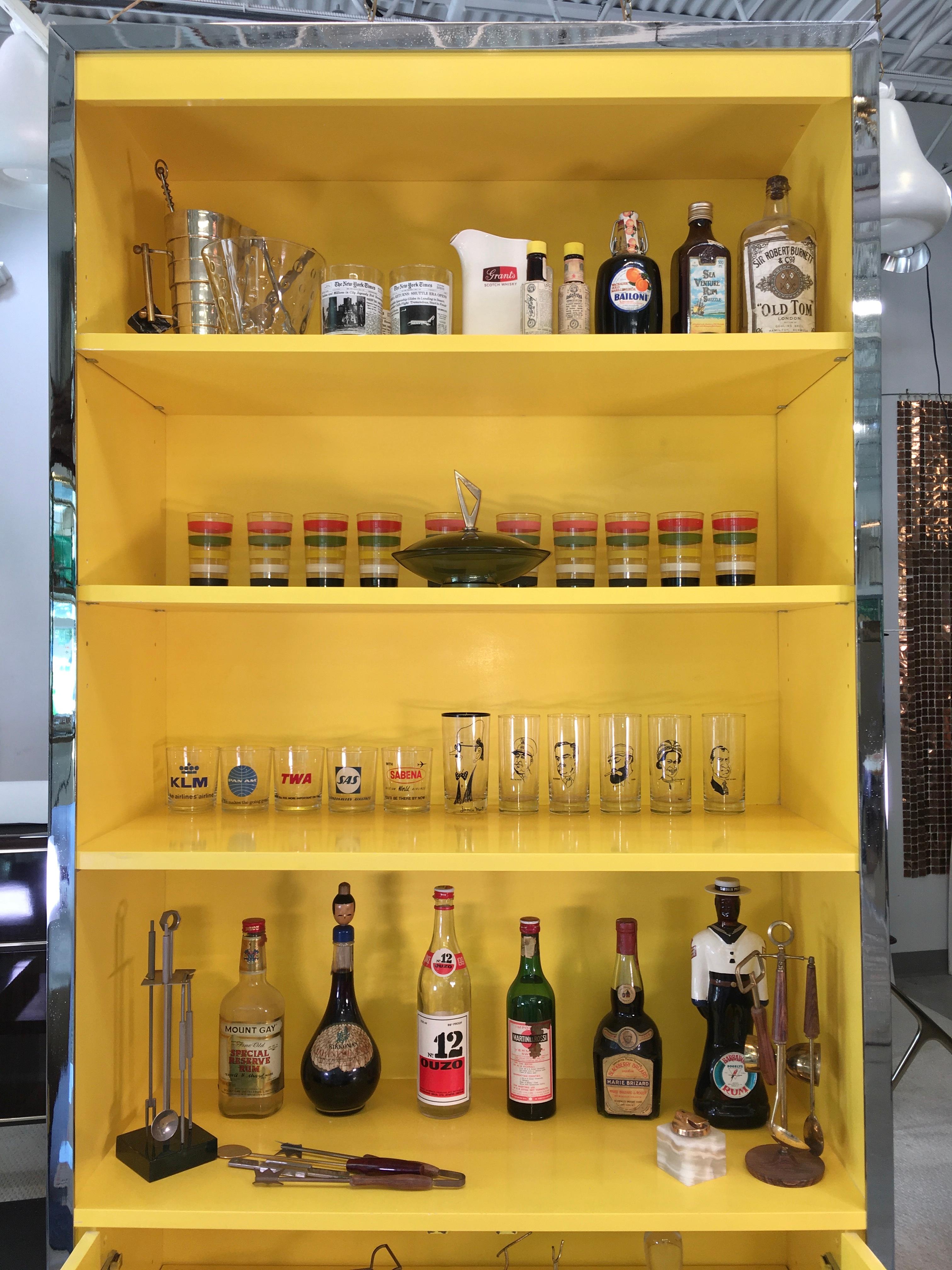 Laminated John Stuart Yellow Lacquer and Chrome Bookcase or Dry Bar