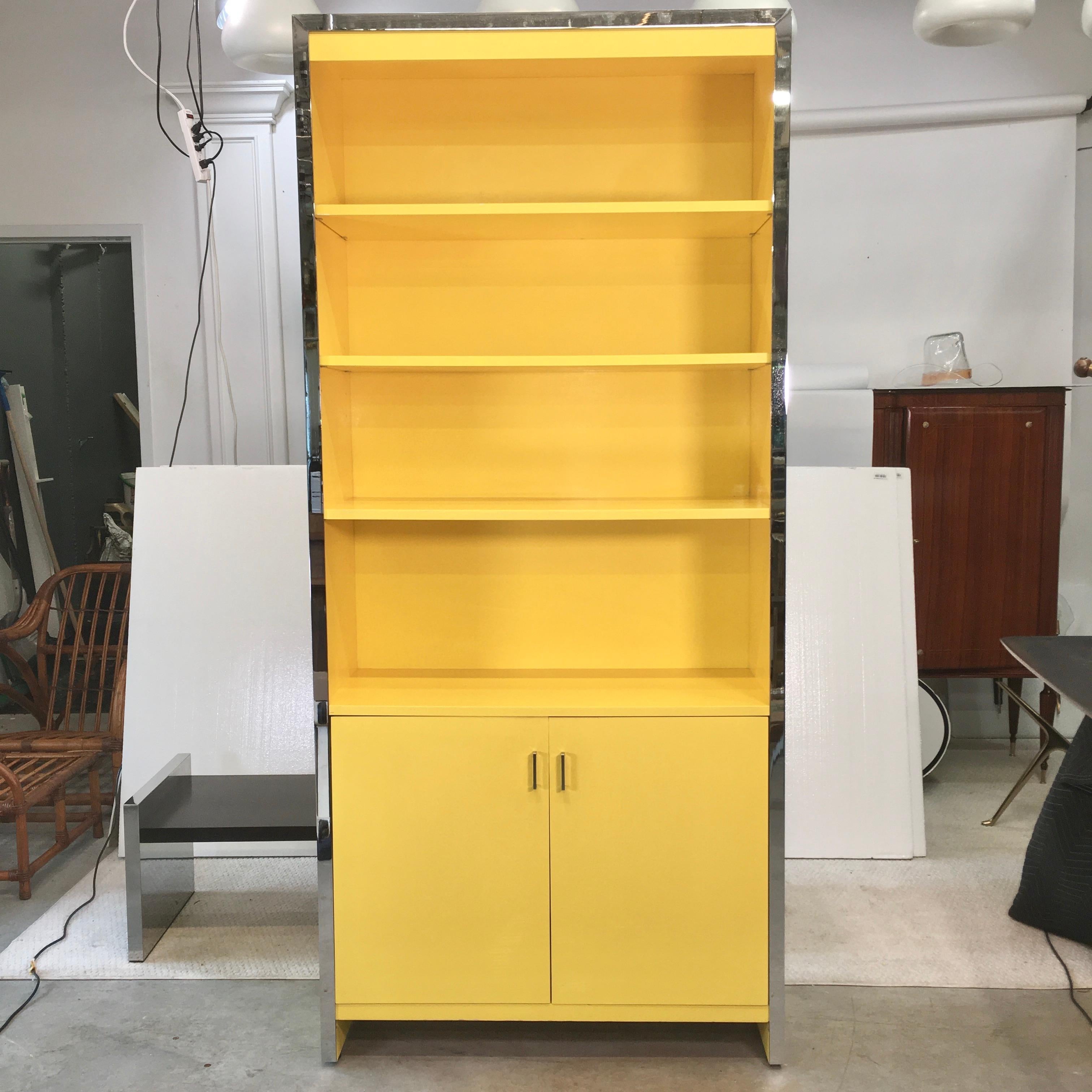 John Stuart Yellow Lacquer and Chrome Bookcase or Dry Bar 1
