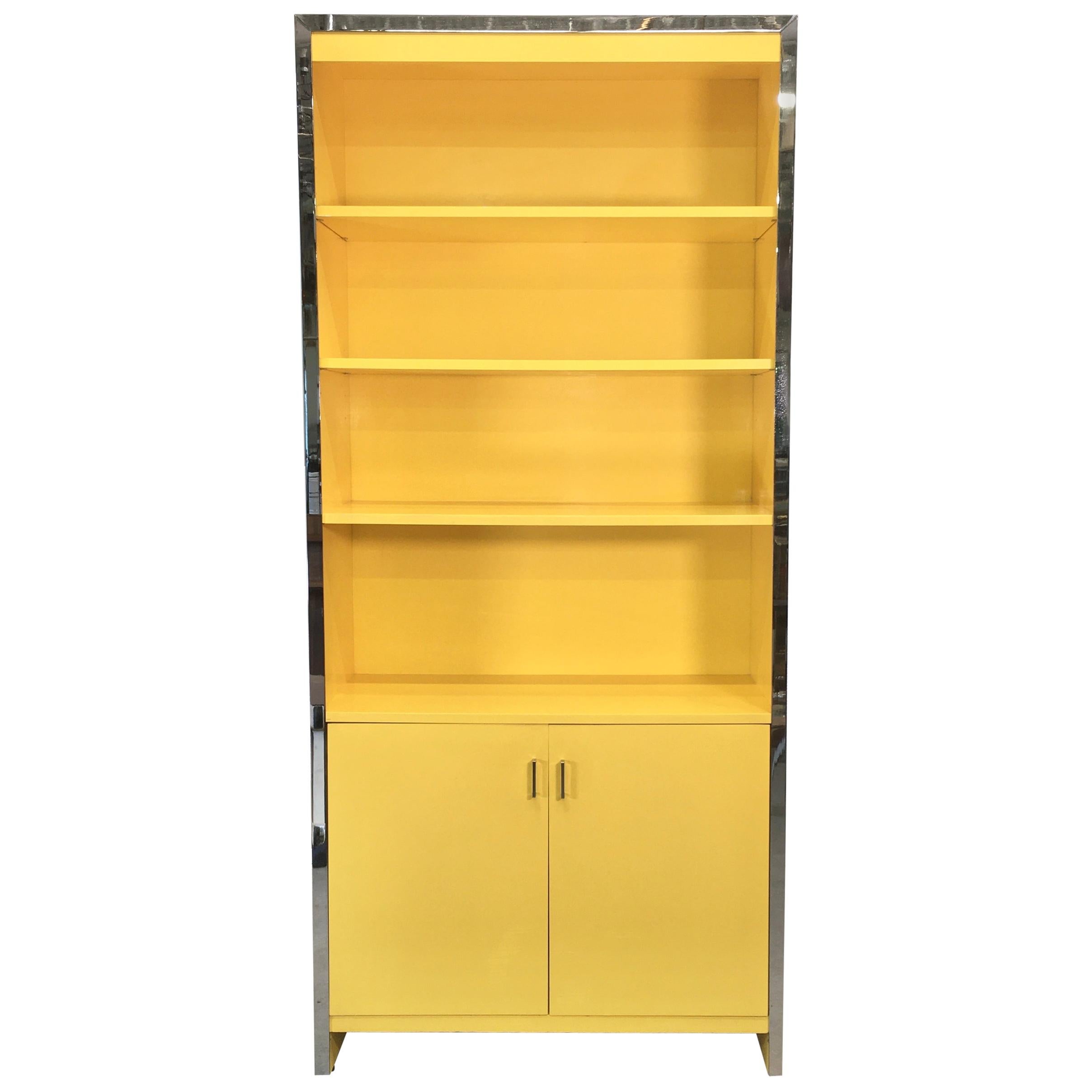 John Stuart Yellow Lacquer and Chrome Bookcase or Dry Bar