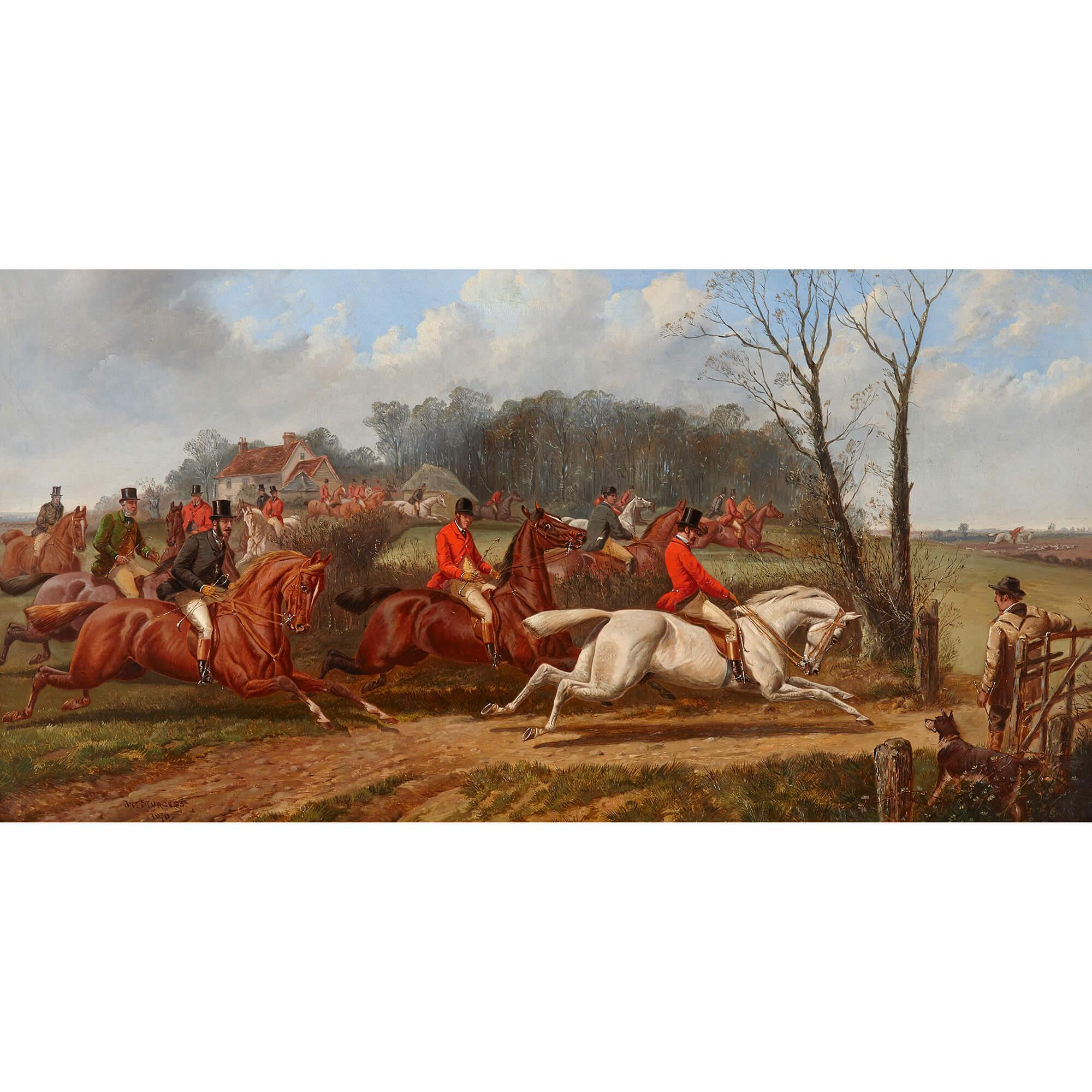Pair of English antique horse paintings by Sturgess
English, 1870
Canvas: Height 36cm, width 69cm
Frame: Height 52cm, width 85cm, depth 6cm

Energetic equestrian-themed scenes are depicted by a British artist, John Sturgess (1869-1903). 

Titled