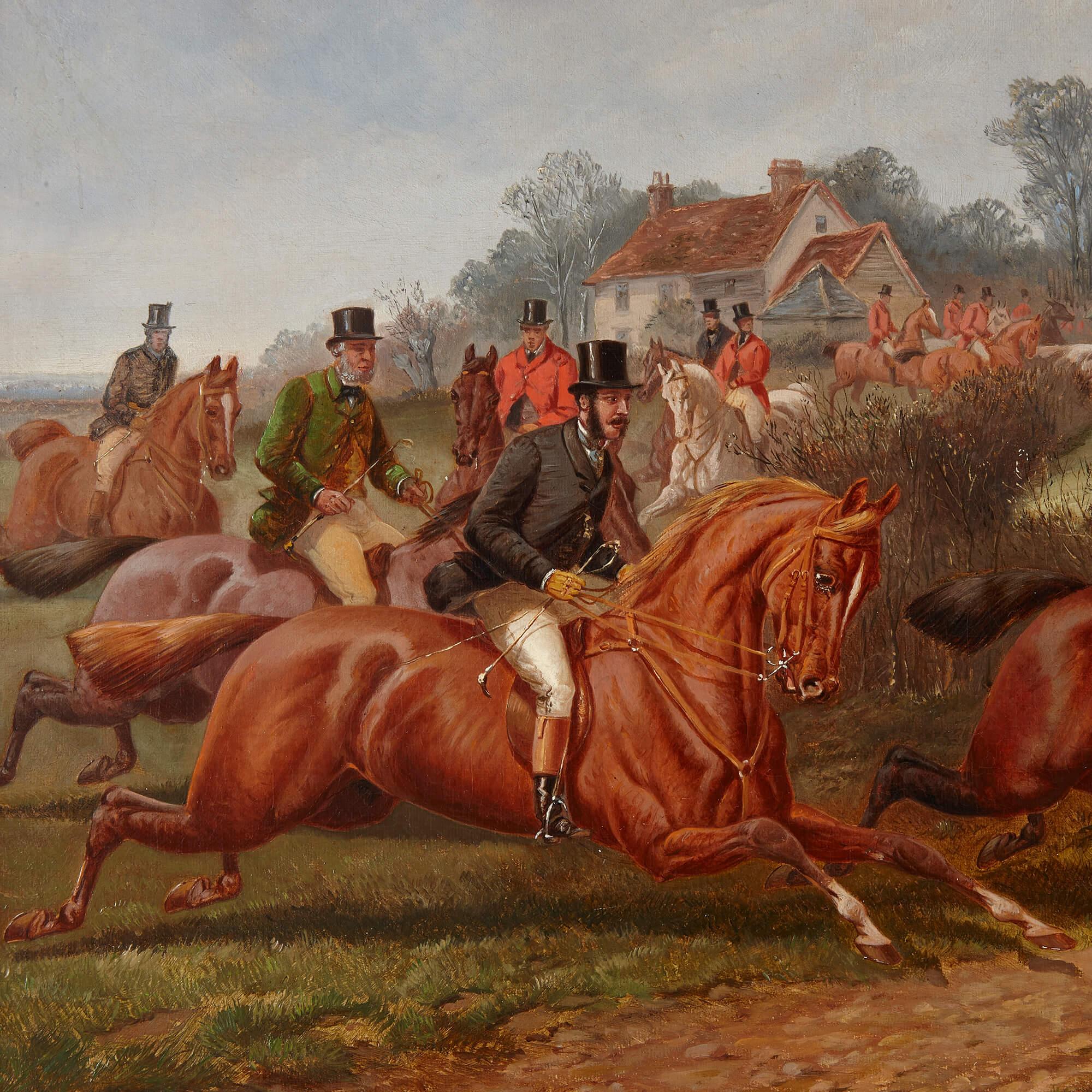 Paire de peintures anciennes de chevaux anglaises par Sturgess
Anglais, 1870
Toile : Hauteur 36 cm, largeur 69 cm
Cadre : Hauteur 52 cm, largeur 85 cm, profondeur 6 cm

Des scènes énergiques sur le thème de l'équitation sont représentées par un