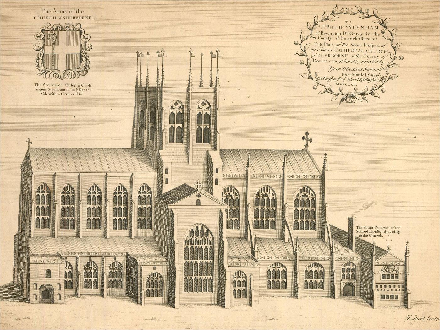 An architectural engraving of Sherborne Abbey in Dorset by John Sturt (1658-1730) after William King of Sherborne. The Abbey has been a Saxon cathedral, a Benedictine abbey church, and since 1539, a parish church. The Arms of the Church of Sherborne