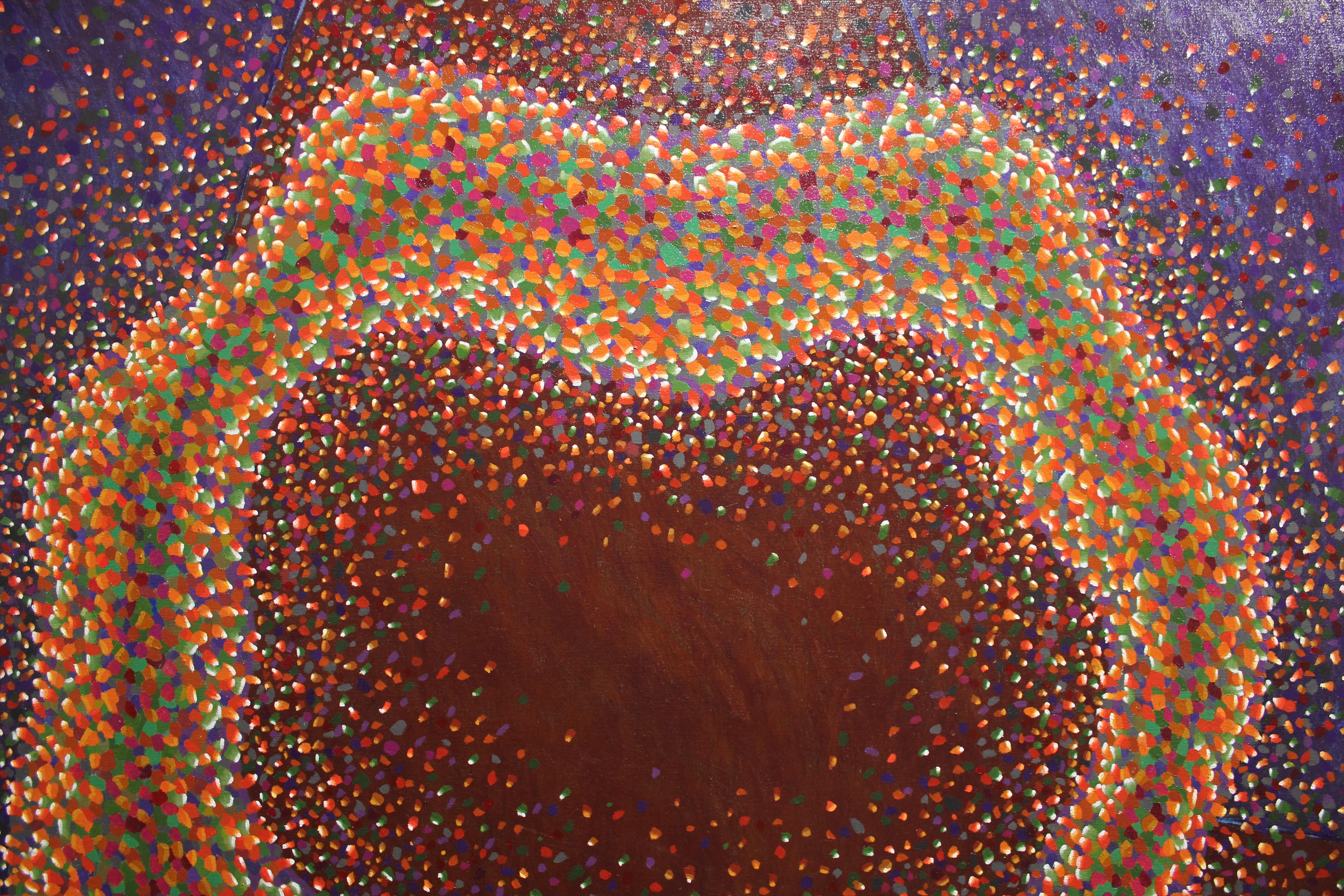 Deep purple and red toned background with a pointillist inspired ring floating around the canvas. The work is signed and dated by the artist. 
Canvas is not framed. 

Artist Biography: John Sturtevant studied Fine Art at the University of Texas in