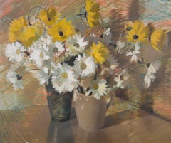 Sunflowers - Antique English Impressionist Still Life Flowers Oil Painting