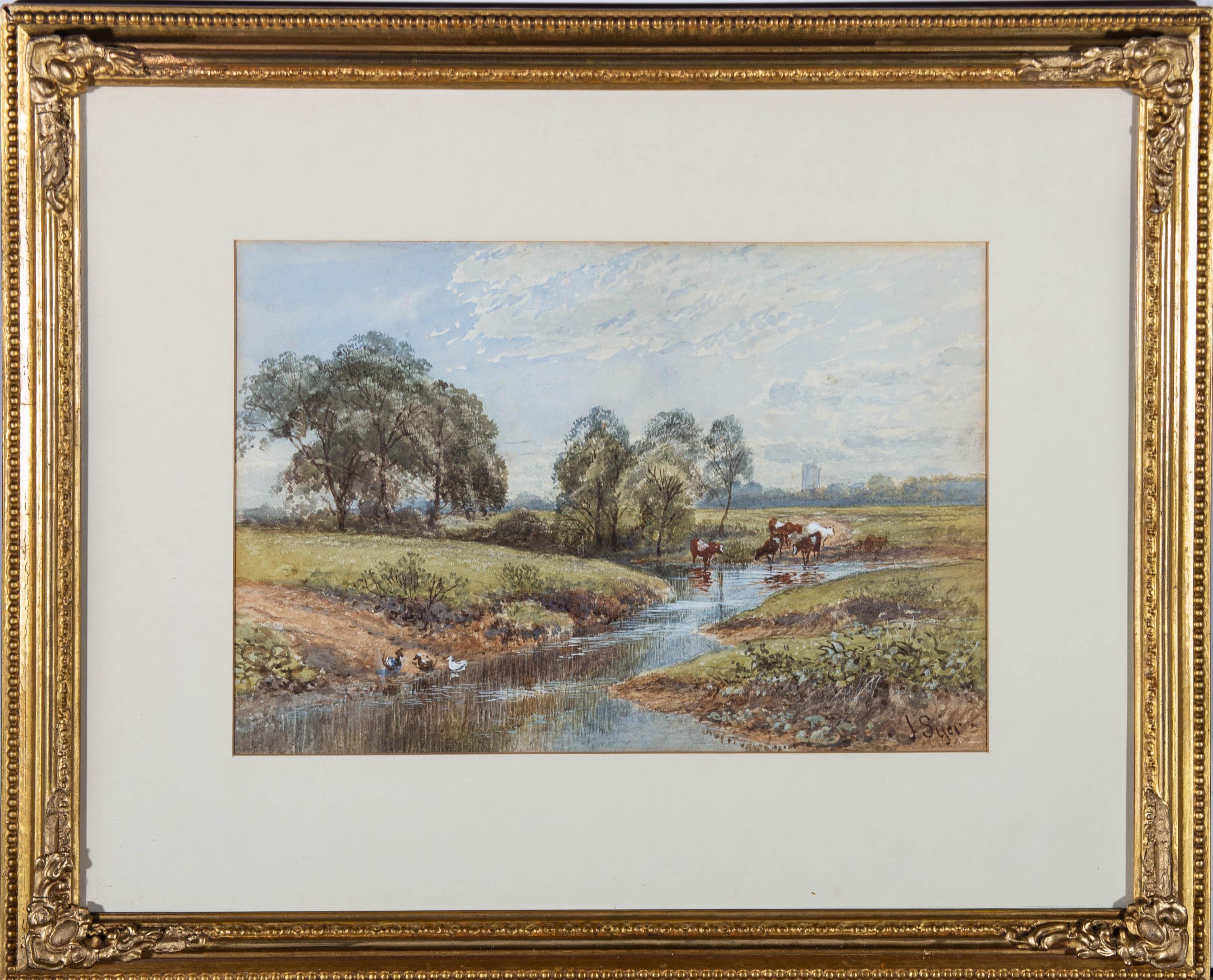 A delightful watercolour study of livestock grazing along the river bank. In the distance we can see Bitton Church, South Gloucestershire. Well presented in a card mount and detailed gilt frame. Signed to the lower right with an inscription on the
