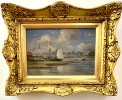 19th century English Antique, sail boat on a river landscape on a windy day