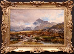 Antique Before Glyder Fawr - Large 19th Century Welsh Mountain Landscape Oil Painting 