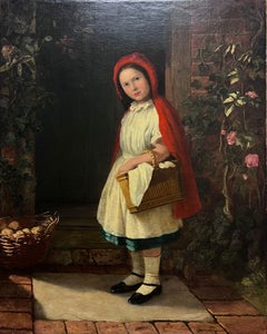 Huge Victorian Original Oil Painting Portrait of Little Red Riding Hood