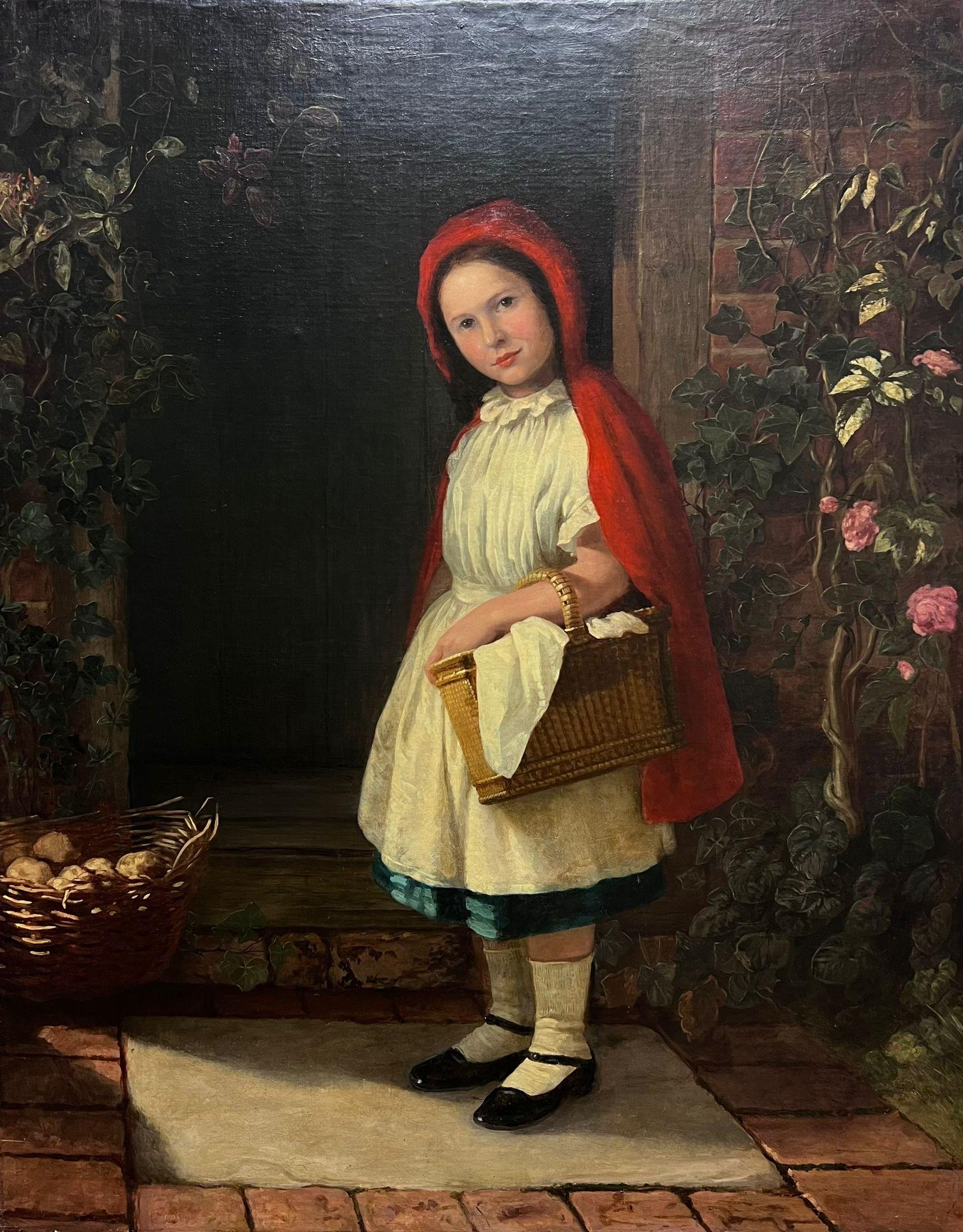 John Talbot Adams Portrait Painting - Huge Victorian Original Oil Painting Portrait of Little Red Riding Hood