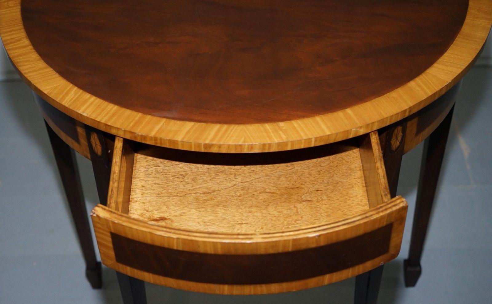 English John Tanous Satinwood & Mahogany Sheraton Revival Demilune Console Side Table