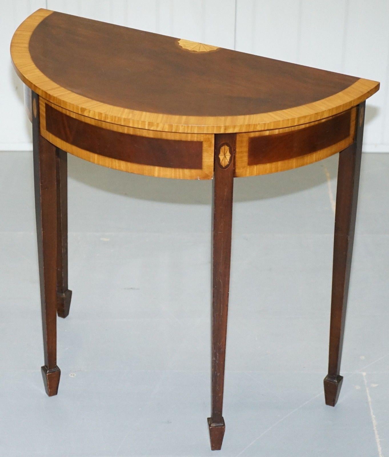 20th Century John Tanous Satinwood & Mahogany Sheraton Revival Demilune Console Side Table