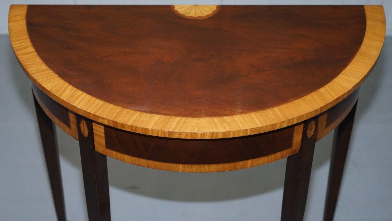 John Tanous Satinwood & Mahogany Sheraton Revival Demilune Console Side Table 1