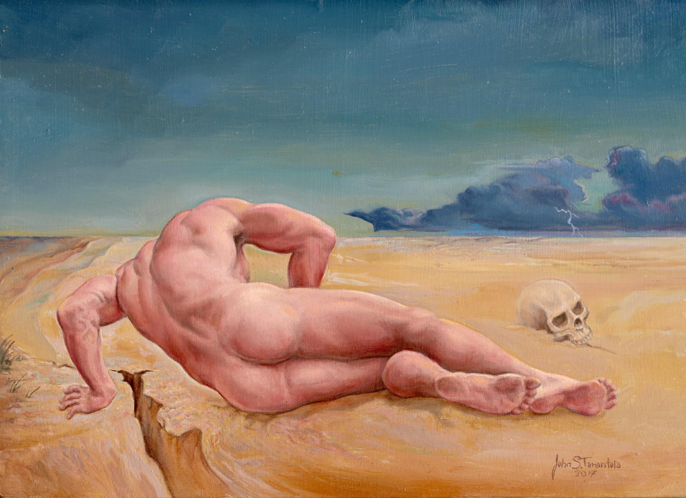 "Caído" (2017) de John Tarantola, pintura original al óleo de retrato desnudo