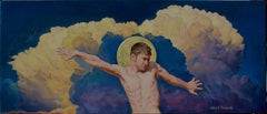 "Holding Back the Moon" (vers 2018) par John Tarantola, peinture à l'huile de portrait nu