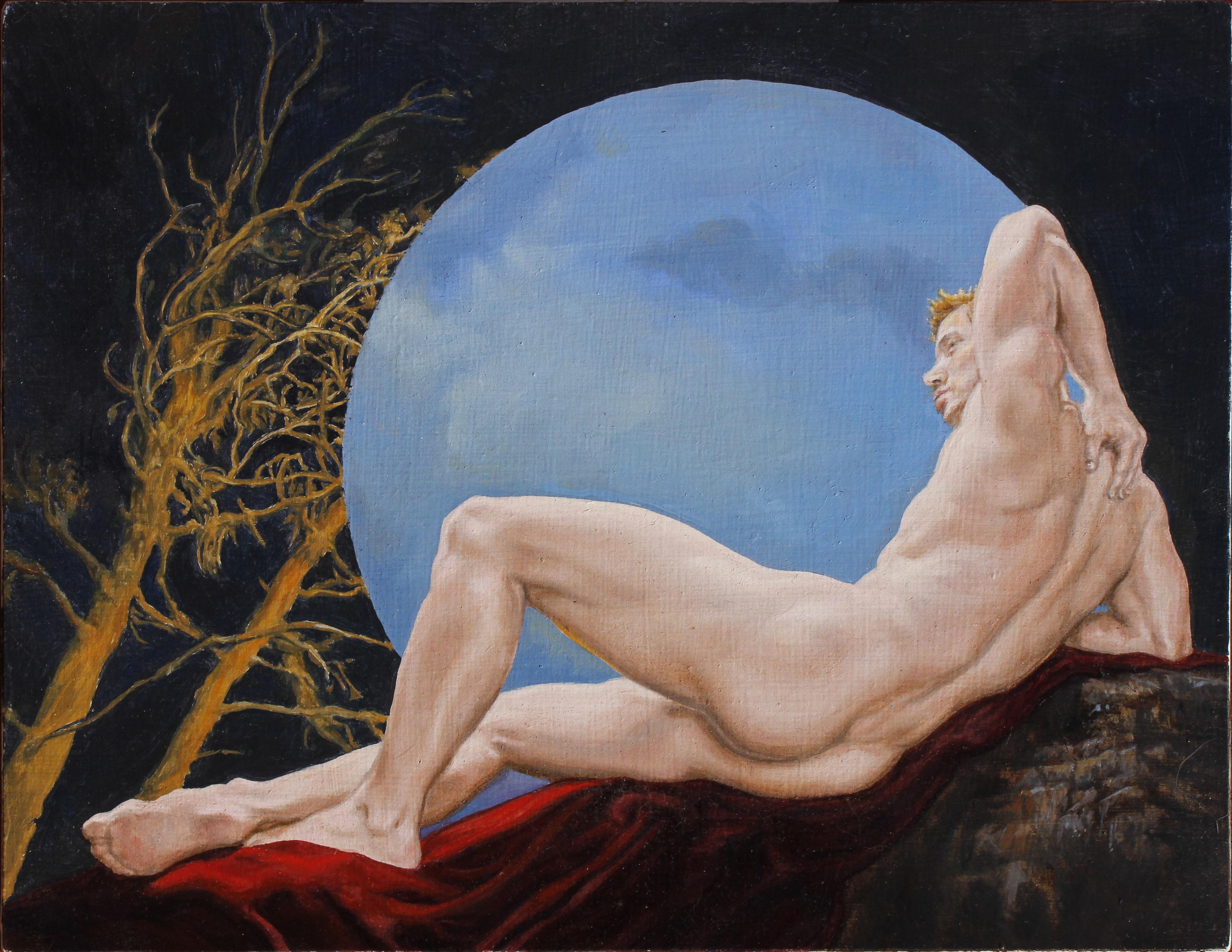"Hombre reclinado" (2015) De John Tarantola, Pintura al óleo de retrato desnudo surrealista