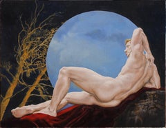 "Hombre reclinado" (2015) De John Tarantola, Pintura al óleo de retrato desnudo surrealista