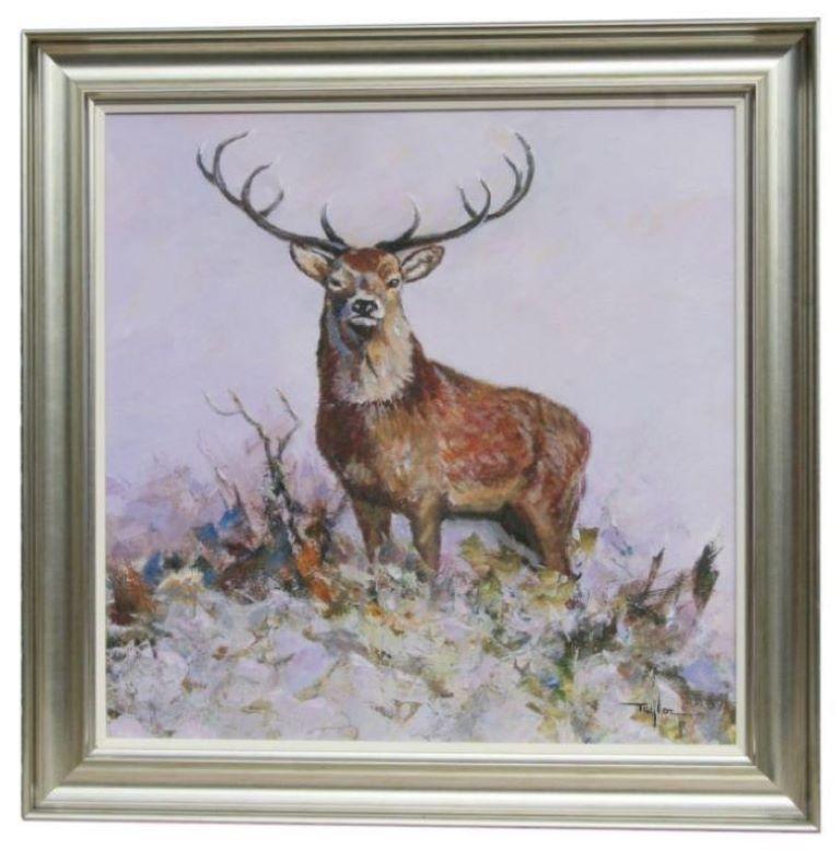 John Taylor Animal Painting - Fine British Oil Painting - Highland Stag in Landscape, 10 point antlers