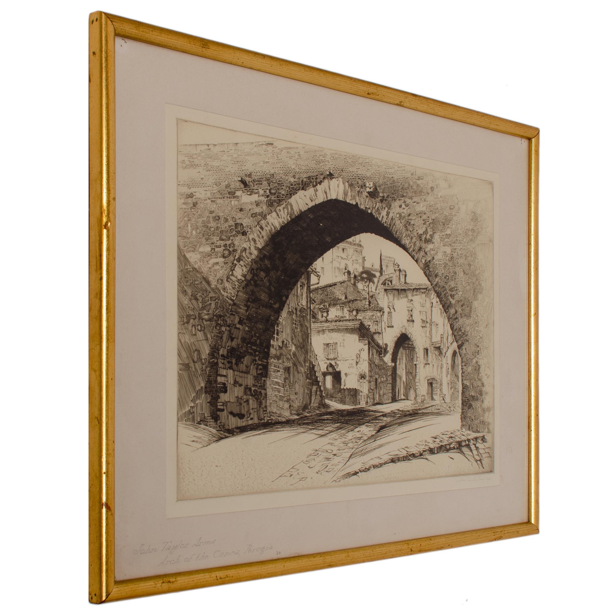 John Taylor Arms

(American, 1887-1953)

Arch of the Conca, Perugia 

etching, 1926

signed, dated lower right: John Taylor Arms, 1926

sight: 15 ¼ by 11 inches

frame: 20 by 15 inches

John Taylor Arms was born in Washington D.C., he studied