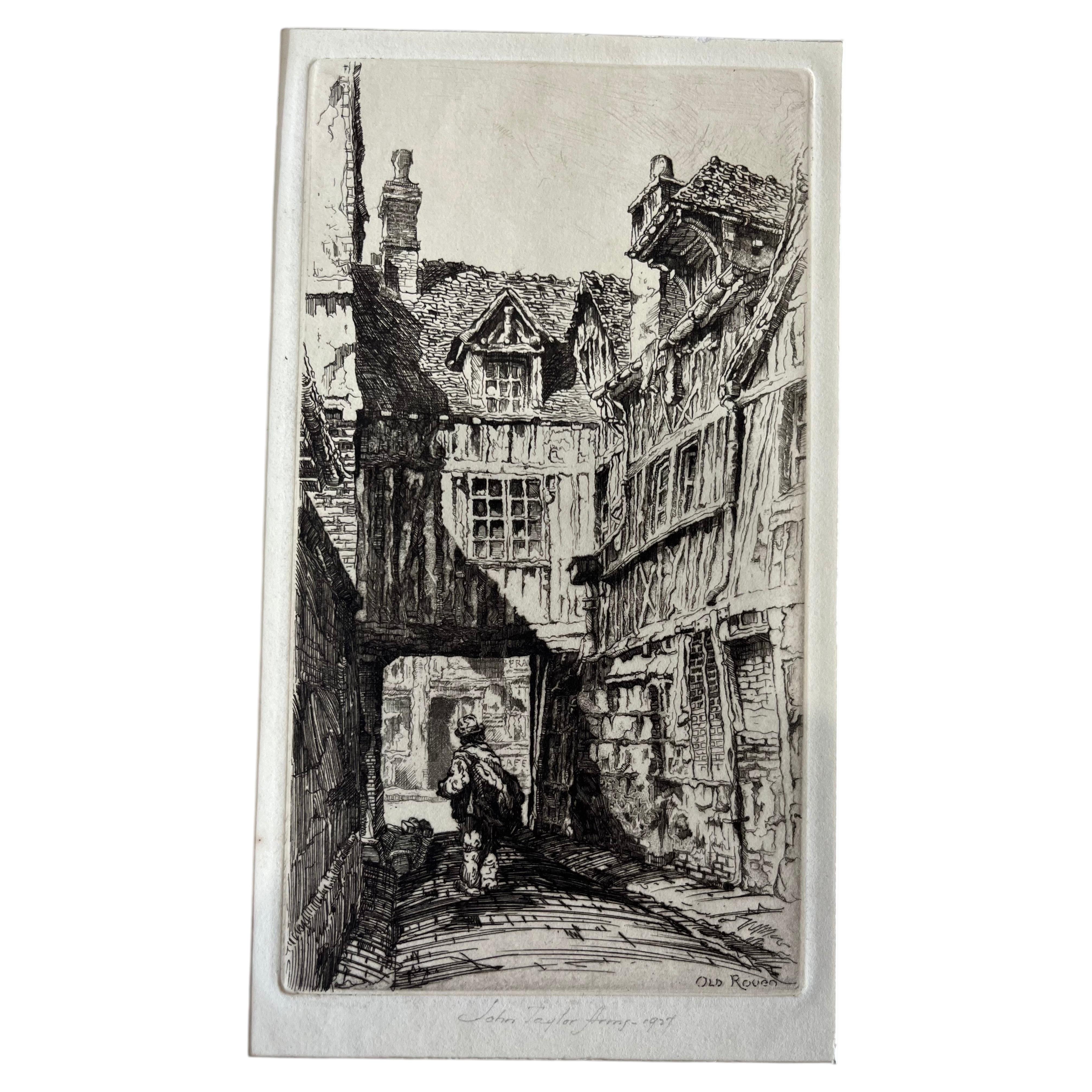John Taylor Arms Old Rouen Etching 1927 Gothic Street Scene Signed For Sale