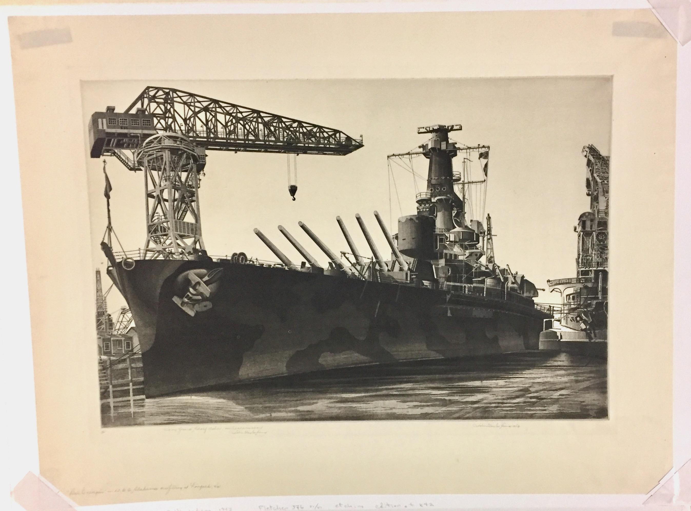 John Taylor Arms was known for making such finely drawn etchings that commercial tools were not good enough: He regularly used sewing needles with corks for handles. Made during World War II in 1943,  this is a view of the USS Alabama at Norfolk,