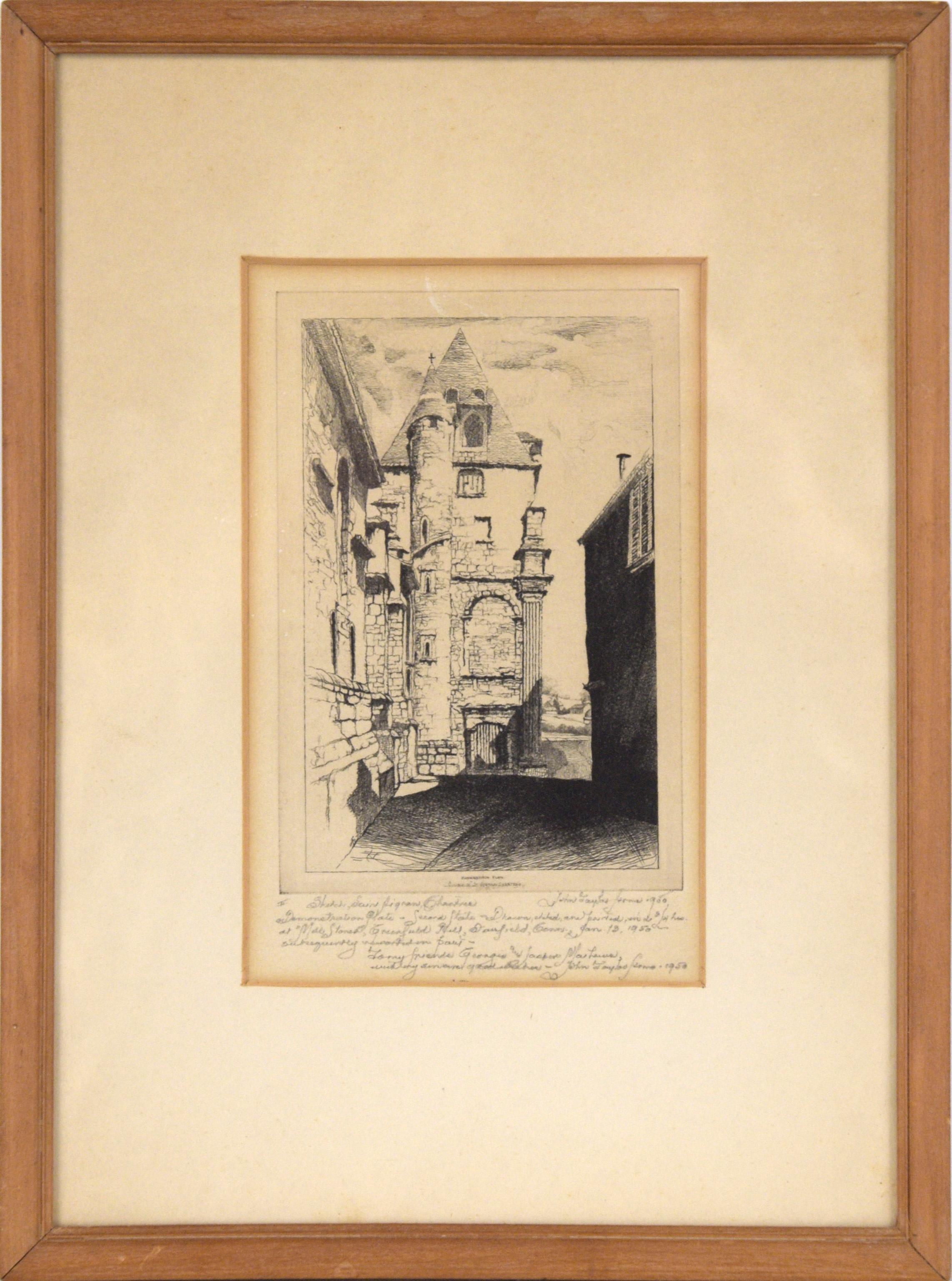 John Taylor Arms Still-Life Print - "Church of St. Aignan Chartres" Etching in Ink on Paper (Demonstration Plate)