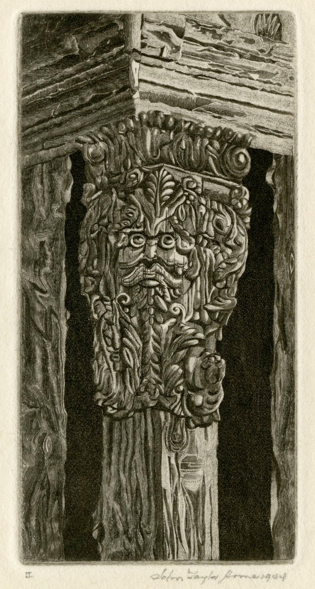 John Taylor Arms Figurative Print - Corbel on Gate House, Stokesay Castle, Shropshire Corbel