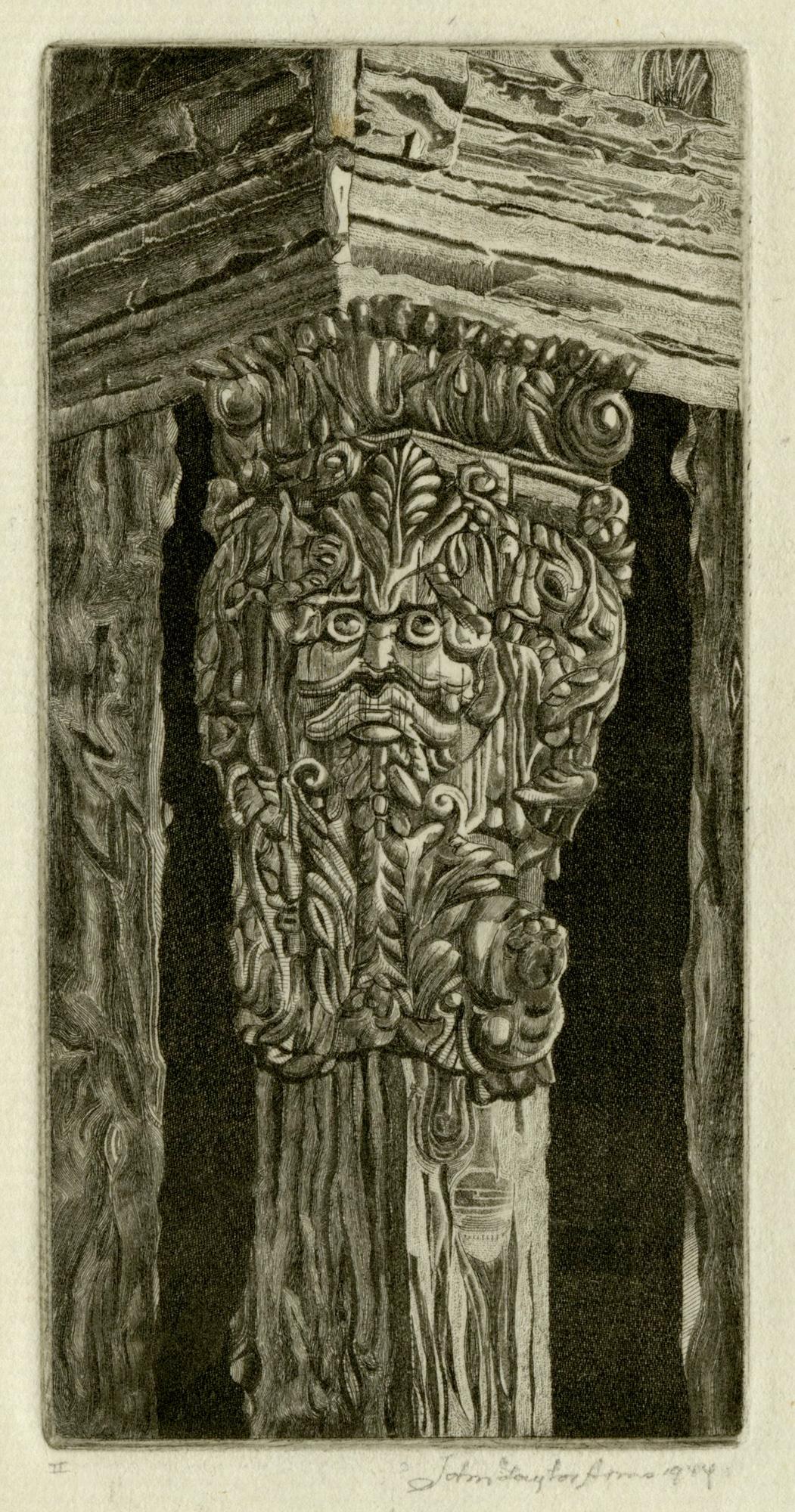 John Taylor Arms Figurative Print - Corbel on Gate House, Stokesay Castle, Shropshire