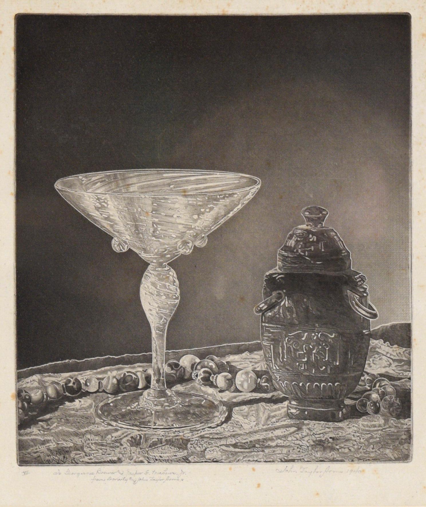 Stillleben-Lithographie „Kristall und Jade“ in Tinte auf Papier – Print von John Taylor Arms