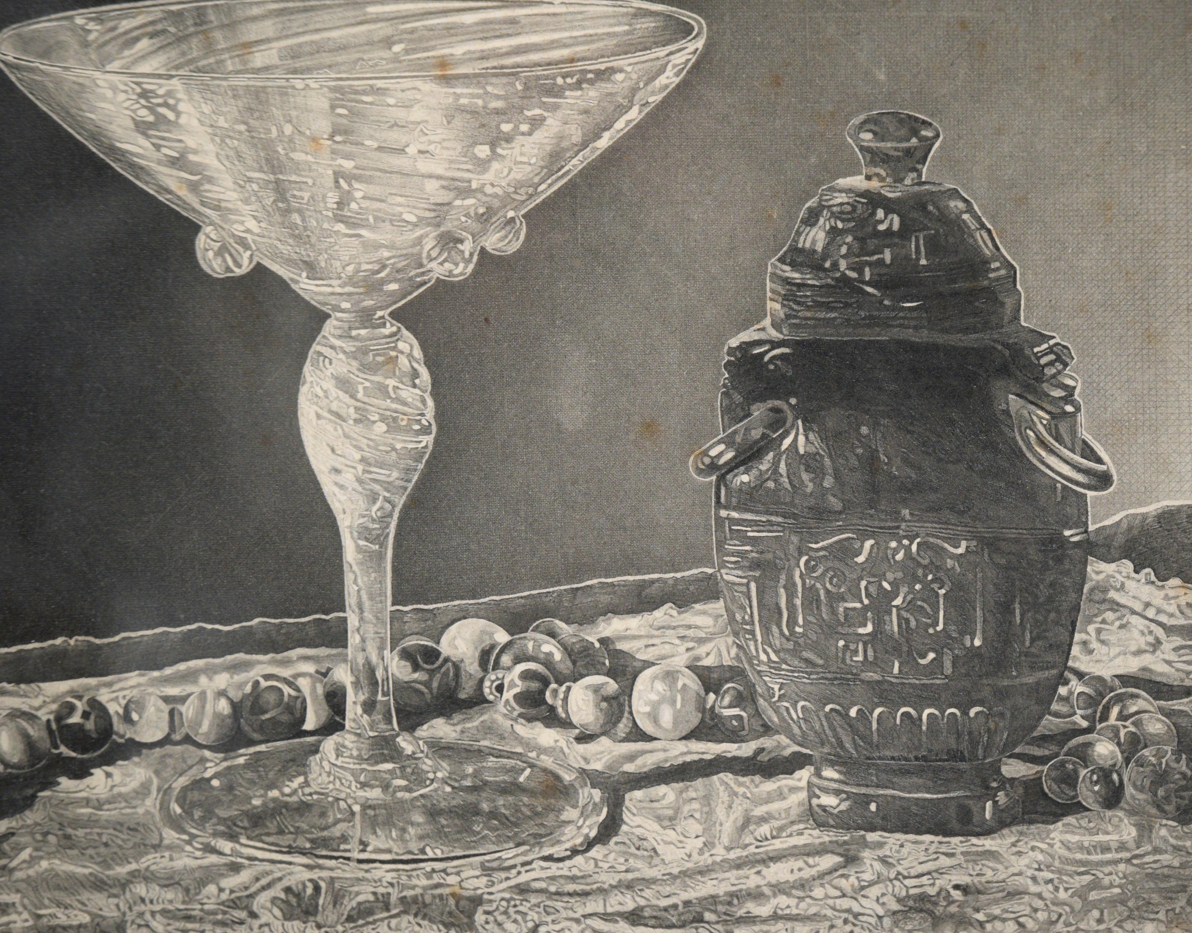 Stillleben-Lithographie „Kristall und Jade“ in Tinte auf Papier

Zarte und detaillierte Lithografie einer Vase aus Kristallglas und Jade von John Taylor Arms (Amerikaner, 1887-1953). Auf der linken Seite der Komposition befindet sich ein Martiniglas