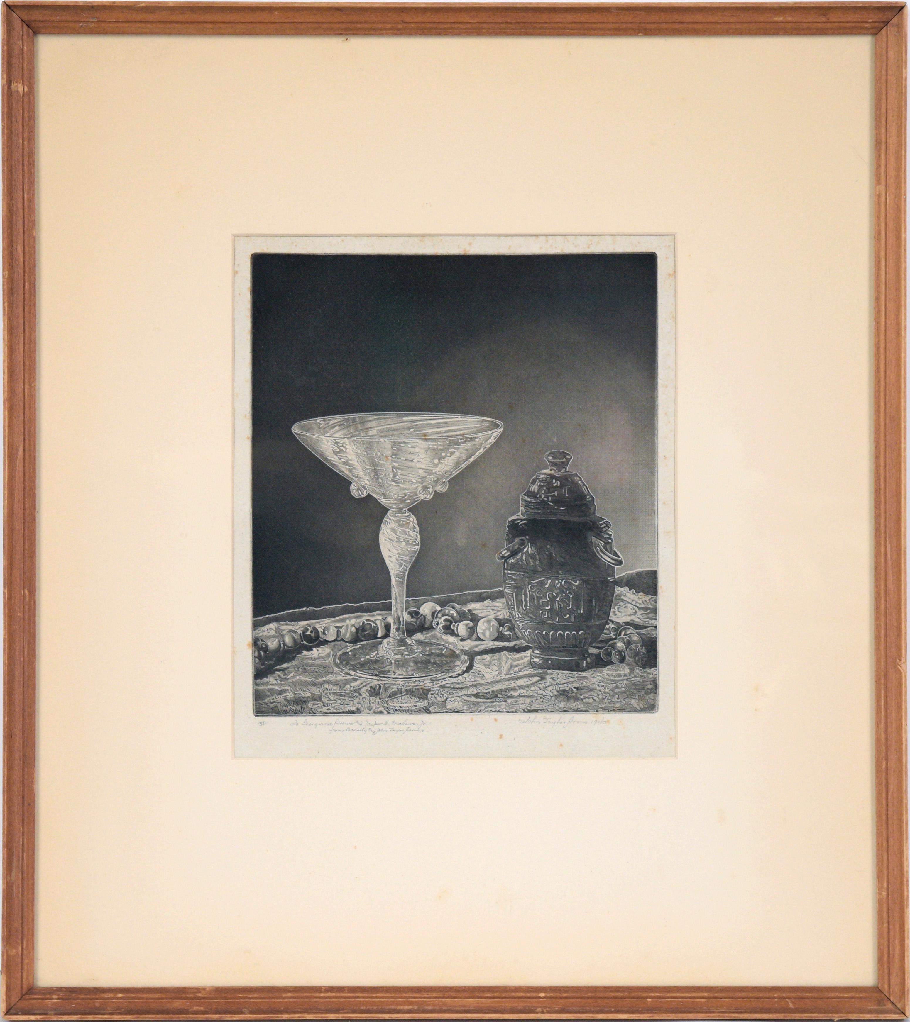 John Taylor Arms Interior Print - "Crystal and Jade" Still Life Lithograph in Ink on Paper