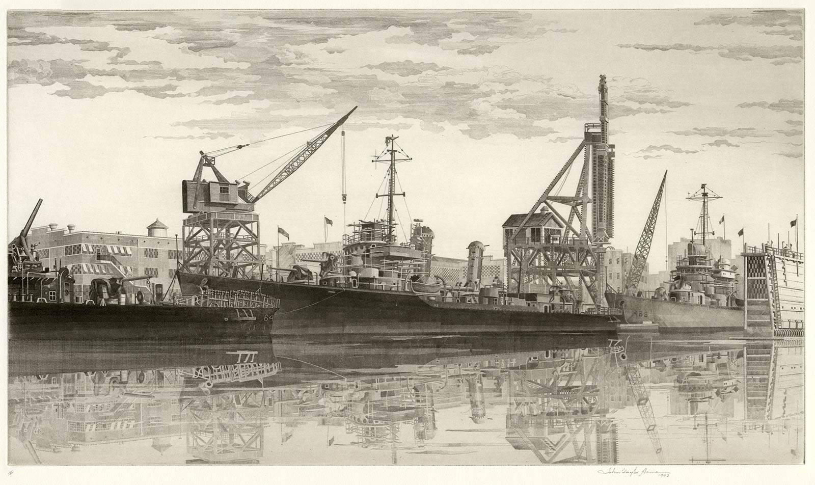John Taylor Arms Landscape Print - Destroyers in Wet Basin, USS Radford at Federal Shipbuilding and Drydock, NJ