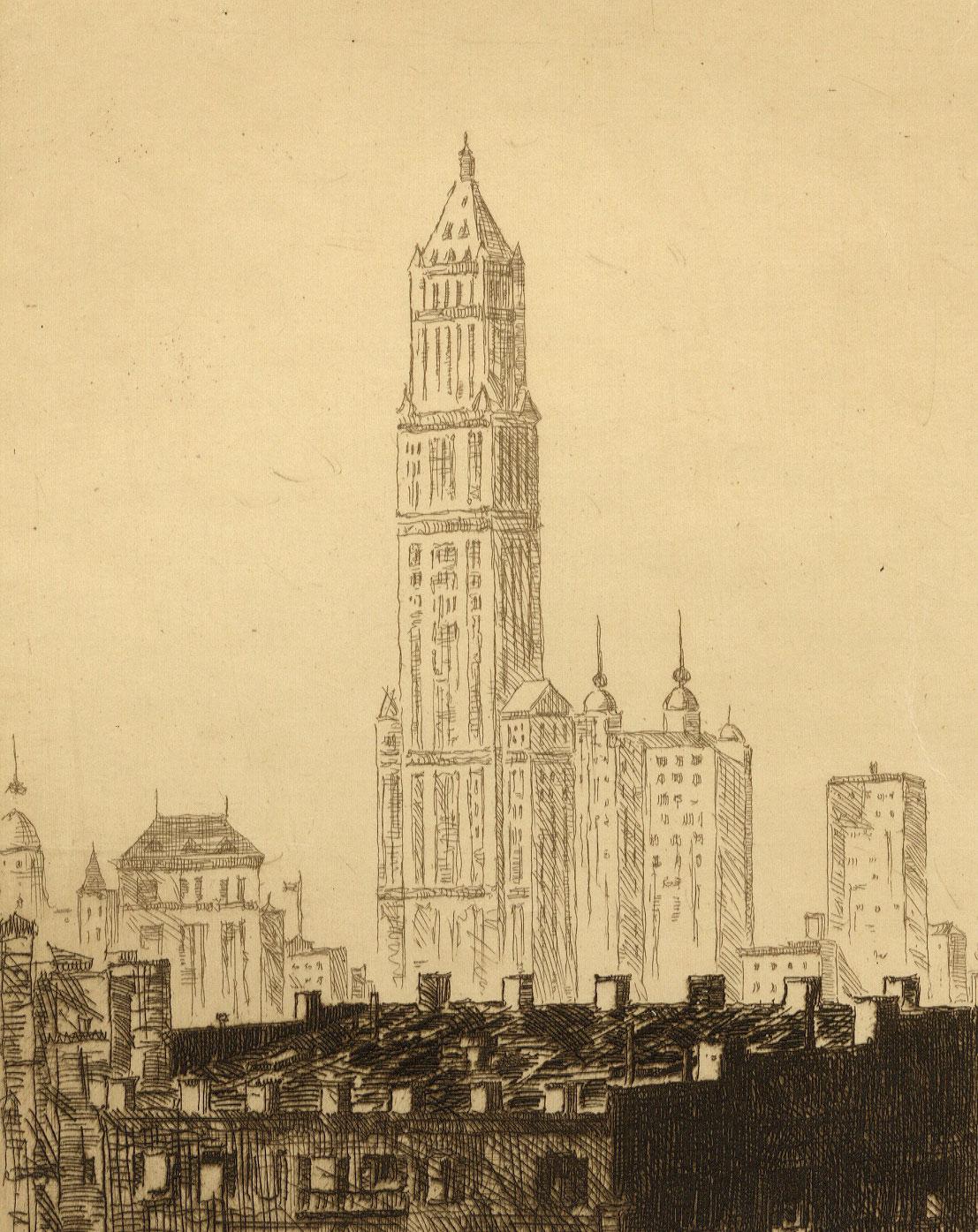 Out of My Window (Arms' Atelieransicht der Skyline von New York City mit Woolworth bldg.) – Print von John Taylor Arms
