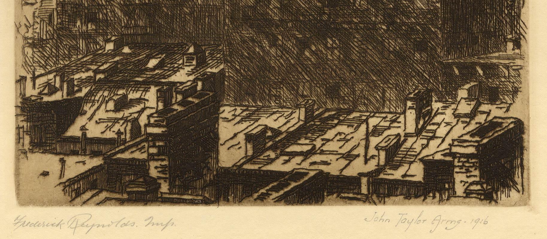 Out of My Window (Arms' Atelieransicht der Skyline von New York City mit Woolworth bldg.) (Amerikanische Moderne), Print, von John Taylor Arms
