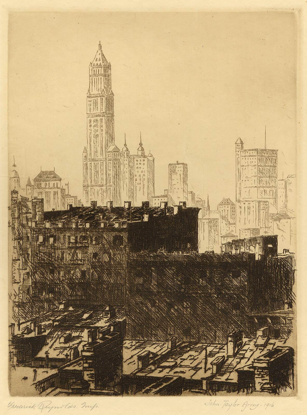 Out of My Window (Arms' Atelieransicht der Skyline von New York City mit Woolworth bldg.) (Beige), Portrait Print, von John Taylor Arms